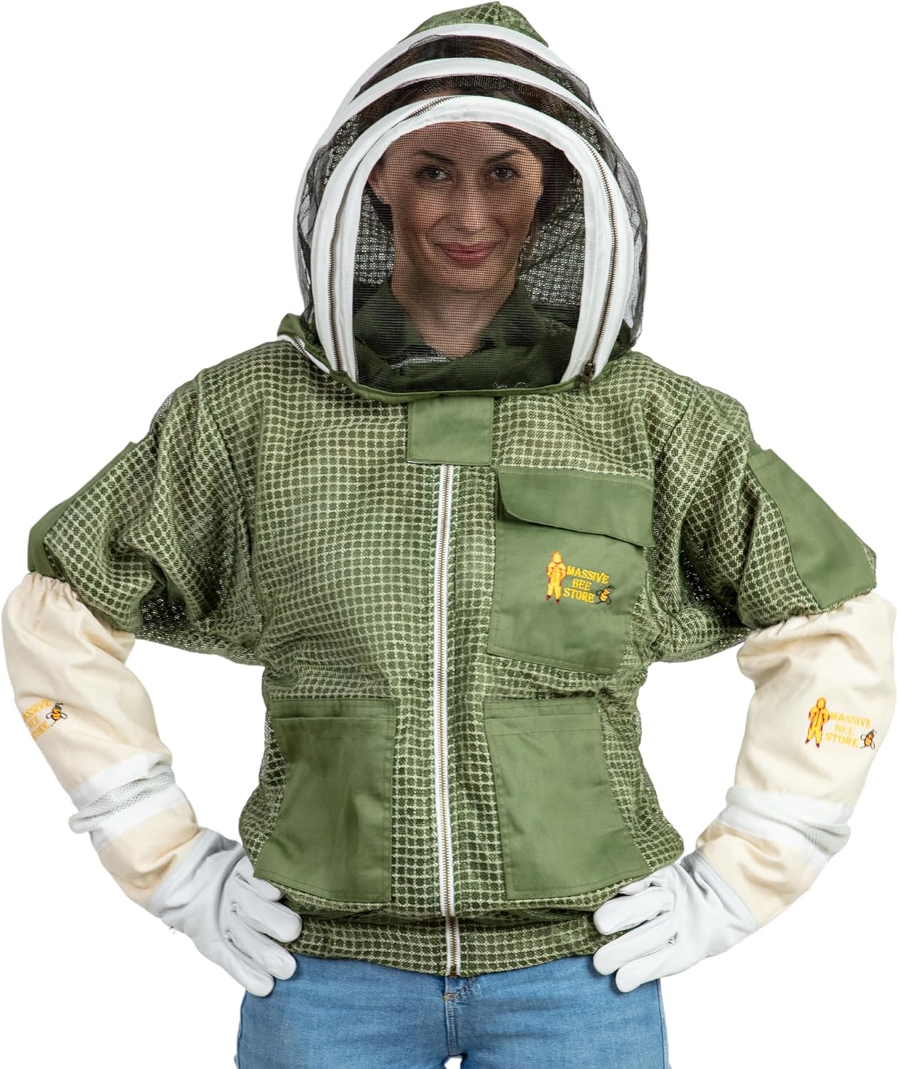 — Chaqueta ventilada de apicultura de 3 capas de protección completa para apicultores con velo de esgrima (XL, verde oliva)
