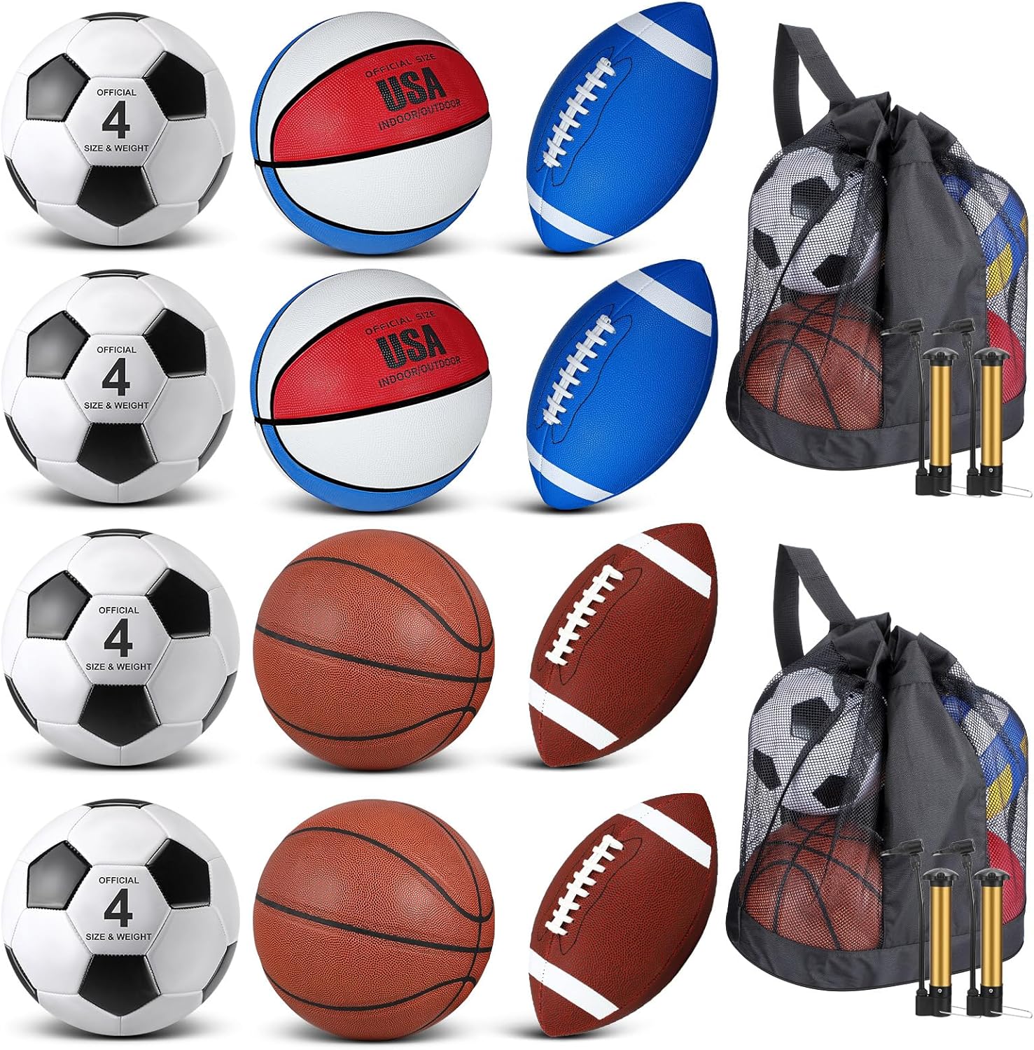 Liliful 12 Pcs Sport Balls Set for Kids Teens, Include Official Size 5 Basketball, Size 6 Football, Size 4 Soccer Ball, 2 Sport Equipment Bags, 4