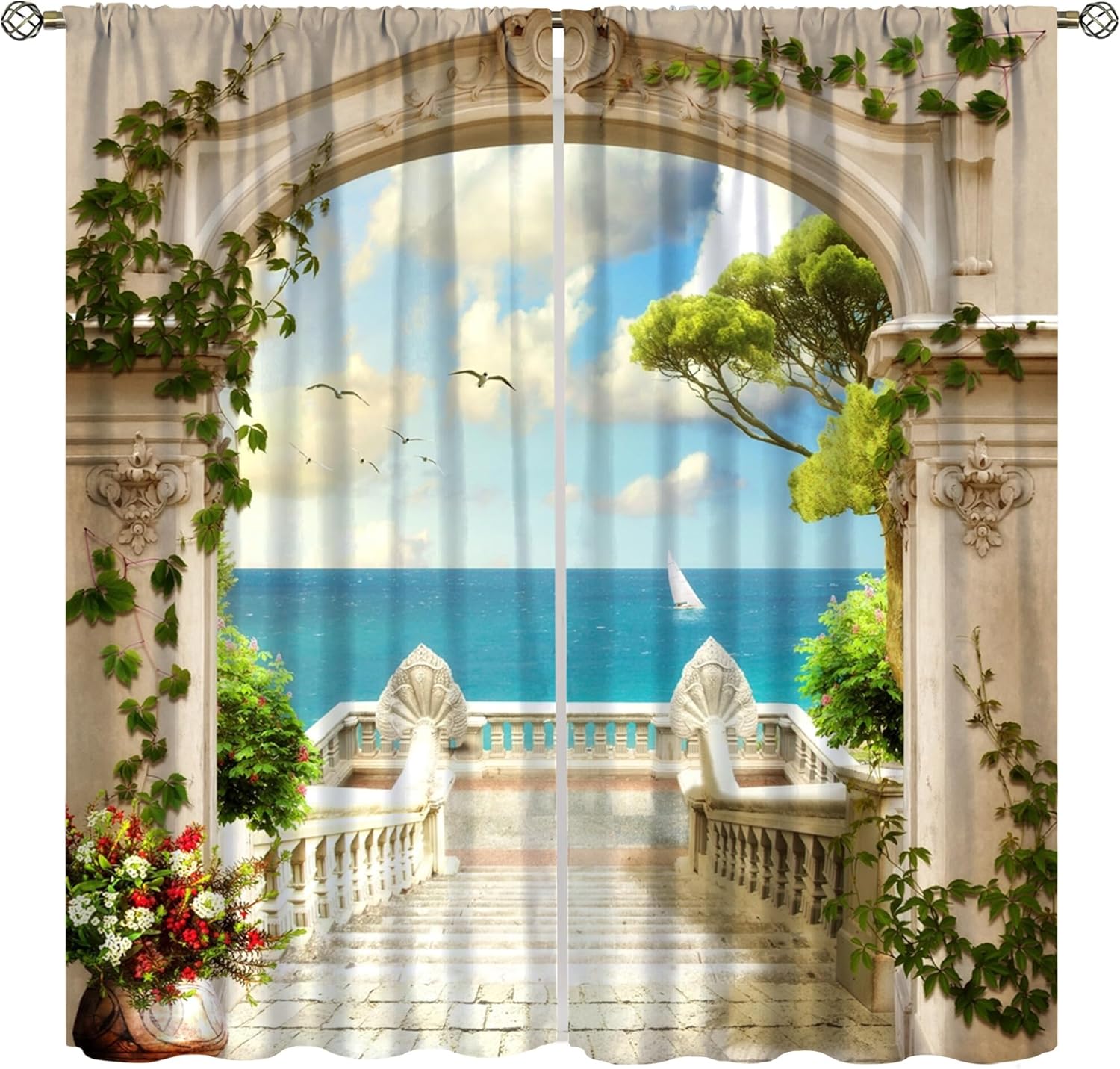 Cortinas de ventana de playa tropical de verano, cielo azul, mar, arco clásico, floral, vides, terraza, gaviotas, dormitorio, estudio, habitación de