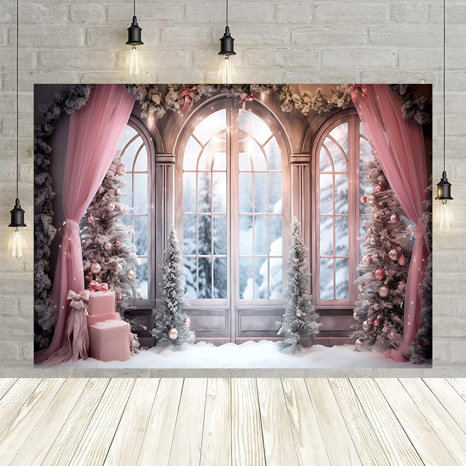 Cortina rosa de invierno, fondo fotográfico de Navidad, invierno, nieve, bosque, ventana, fondo de fotografía, decoración de fiesta familiar, baby