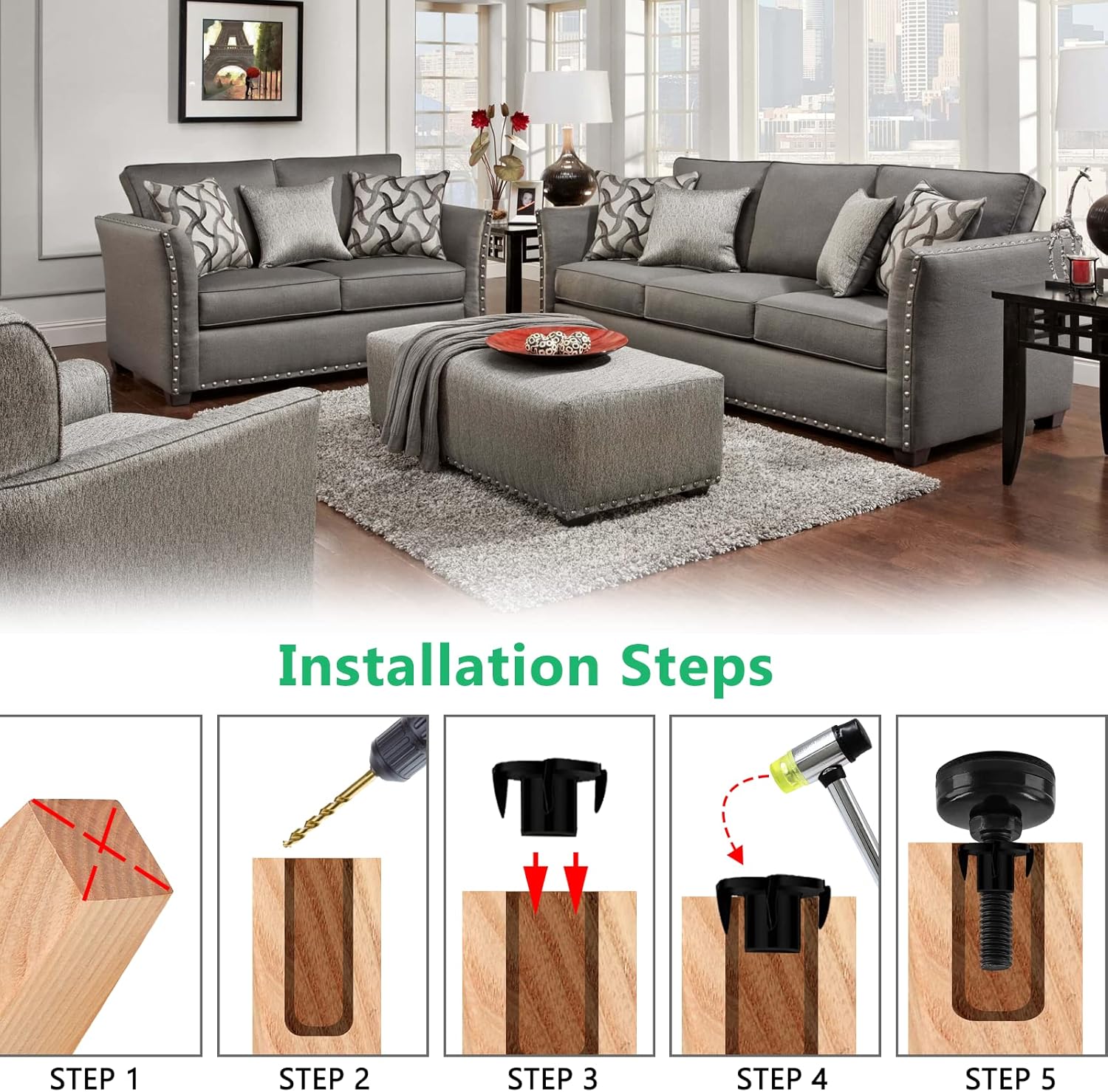 4 niveladores de muebles, patas ajustables de 38 pulgadas, patas niveladoras negras resistentes, pies autonivelantes, patas de muebles para