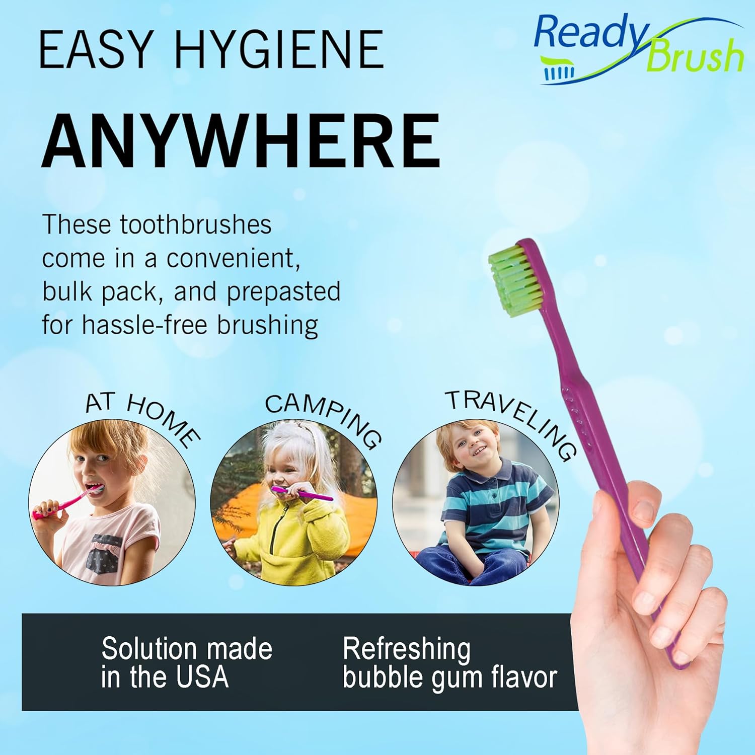 READYBRUSH JR 30 Cepillos de dientes reutilizables para niños prepegados con pasta de dientes sabor a goma de mascar en las cerdas, cepillos de