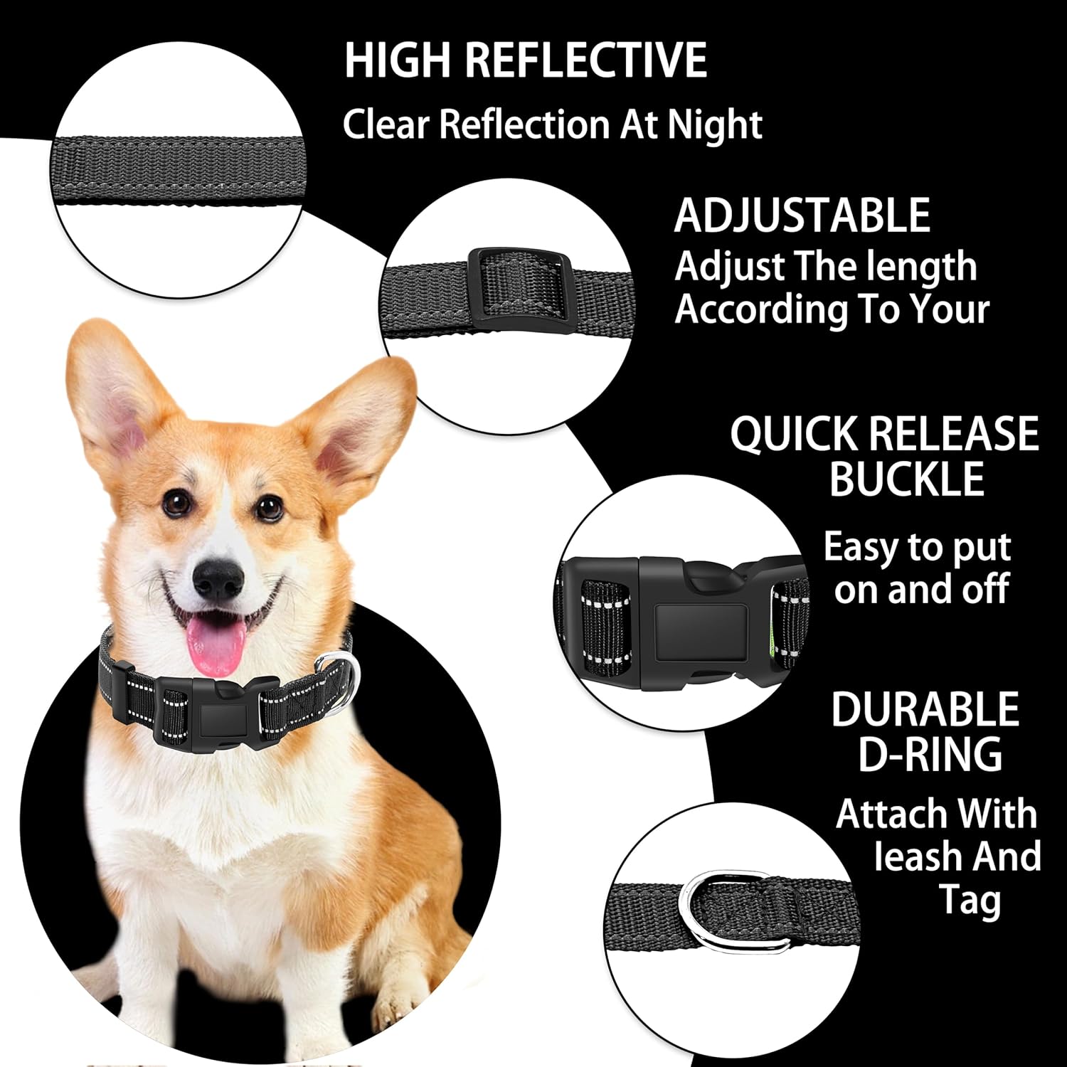 Maiiu Collar reflectante para perro con hebilla de bloqueo de seguridad, collares de nailon suaves y transpirables ajustables para perros pequeños,