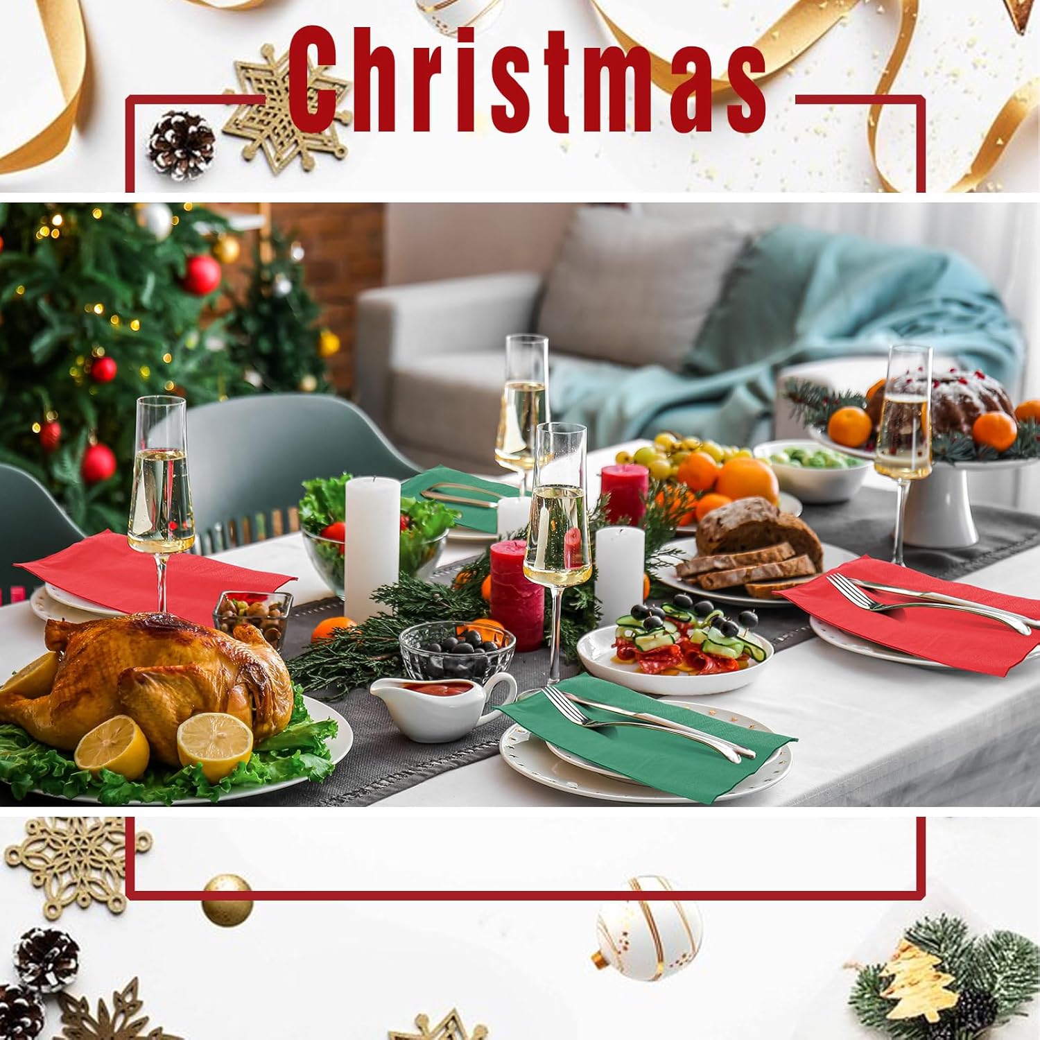 Teling 100 servilletas de Navidad desechables de papel rojo y verde para cena de Navidad, servilletas de mano para cena de Navidad para el hogar,