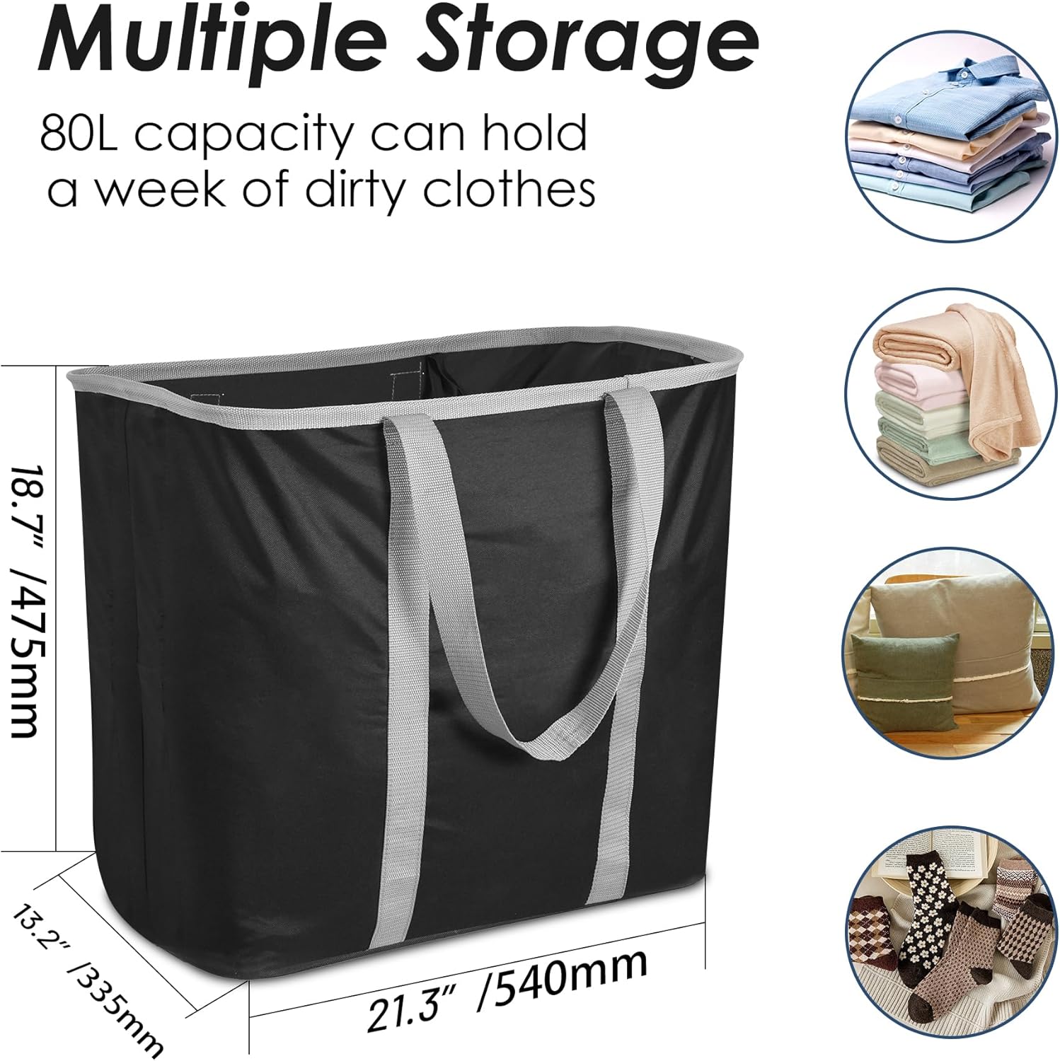 YOHOM Cesta de lavandería plegable de 80 litros, cesta de ropa grande con asas largas, cesta de almacenamiento multiusos para ropa, juguetes, mantas