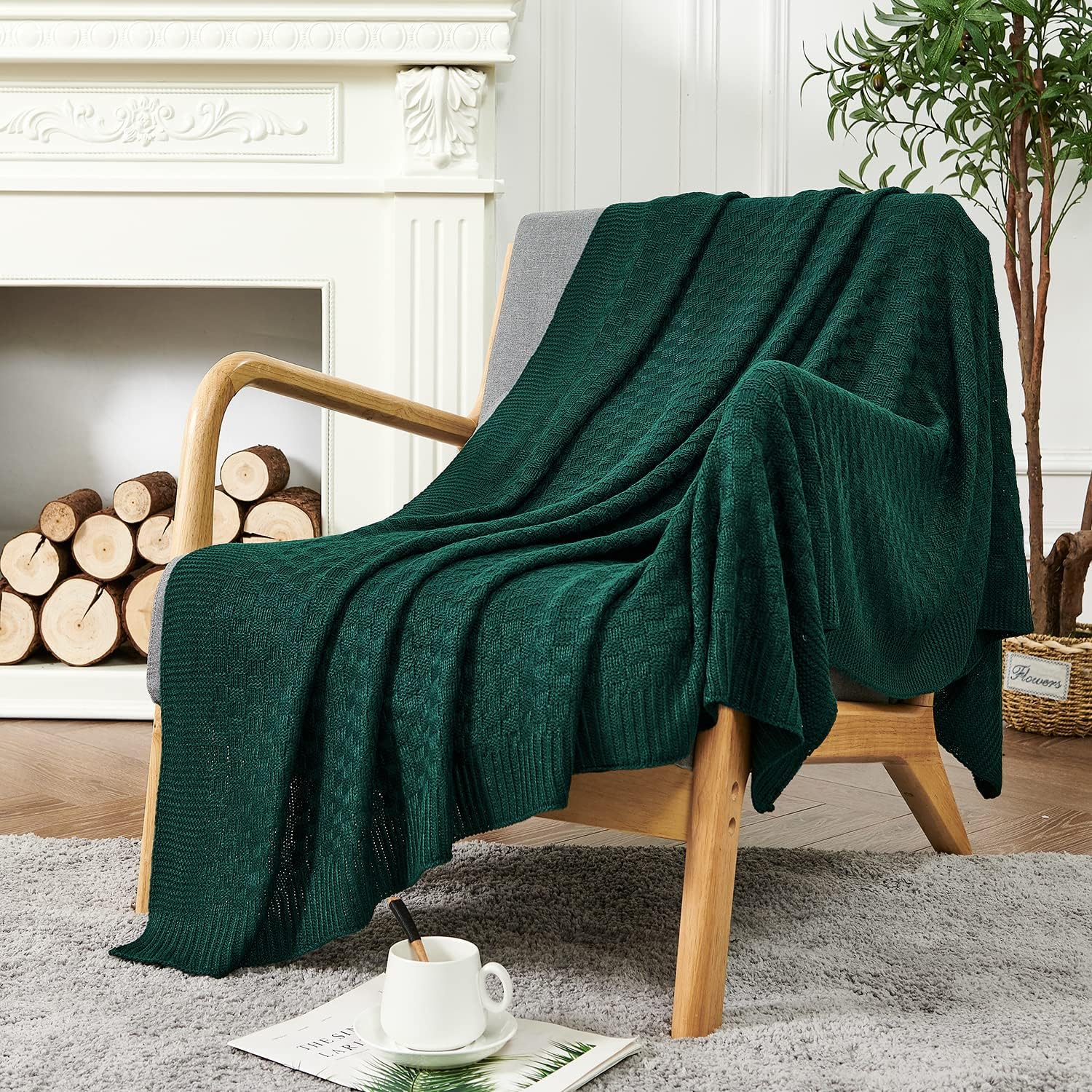 jinchan Manta de punto trenzado a cuadros, color verde oscuro, para sofá, manta de cama, manta de punto para decoración de viaje, 50 x 60 pulgadas