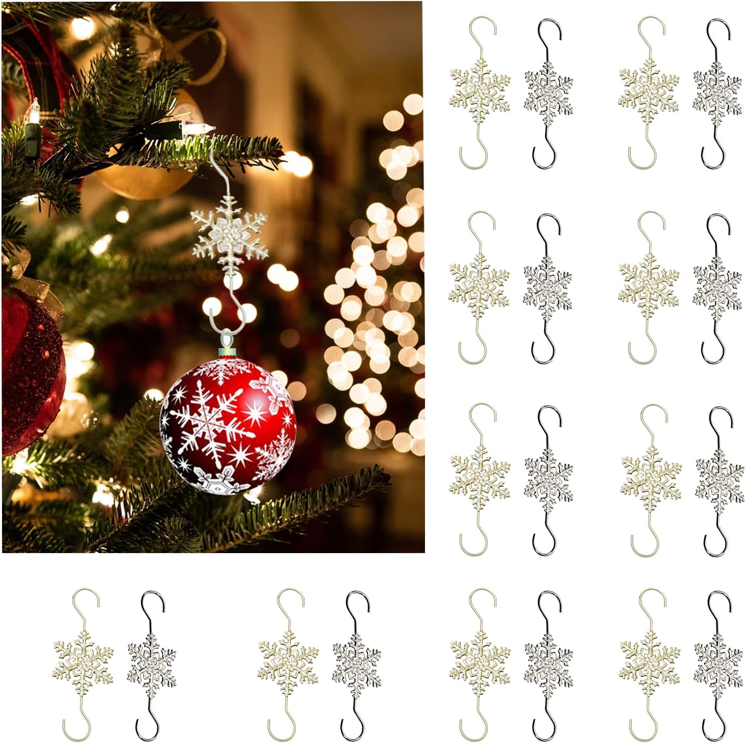IHEOJAOC Ganchos de adorno de Navidad  Ganchos decorativos de copo de nieve dorado plateado (20 unidades, plata dorada)