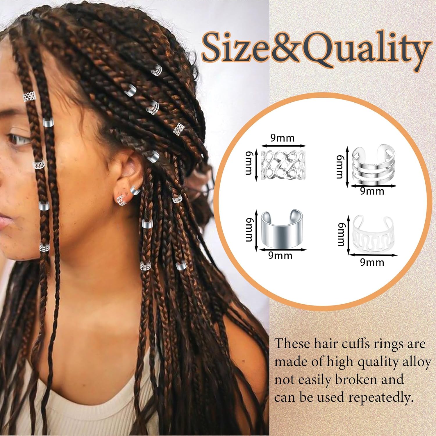 VENOFEN 40 piezas de pulseras plateadas para el cabello, joyería de rastas, para trenzas, aleación de metal, joyería para el cabello, pinzas para