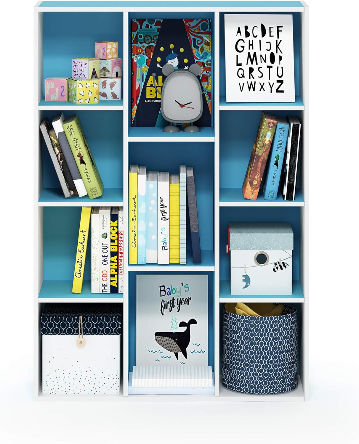 Furinno Luder – Estantería para libros, 11 cubos, color blanco y celeste