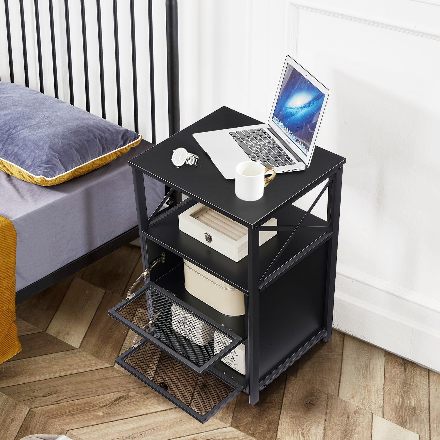 VECELO Mesita de noche, mesa auxiliar con espacio de almacenamiento y puerta, mesitas de noche modernas para sala de estar, dormitorio, mármol