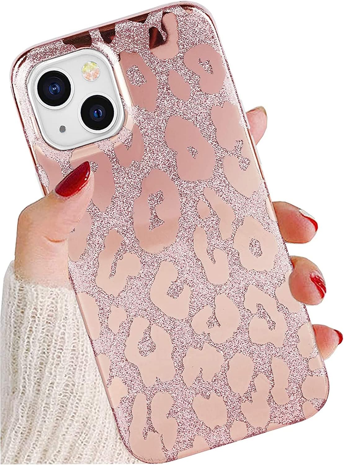 J.west Funda compatible con iPhone 15 de 6.1 pulgadas, diseño de estampado de leopardo con purpurina metálica de lujo, delgada, de silicona suave,