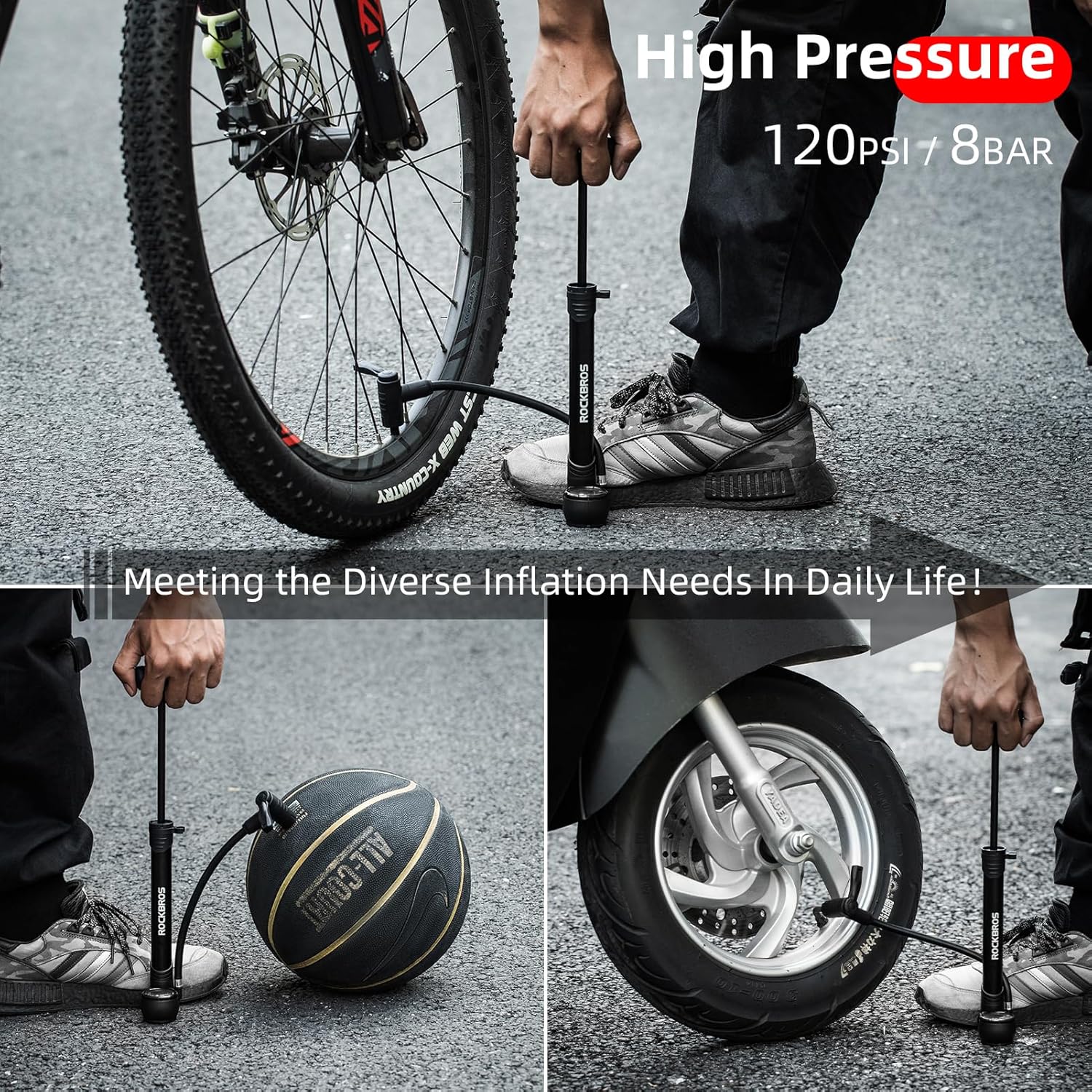ROCKBROS Bomba de bicicleta, bomba de bicicleta con medidor PSI, bomba de neumático de bicicleta portátil con válvula inteligente, se adapta a