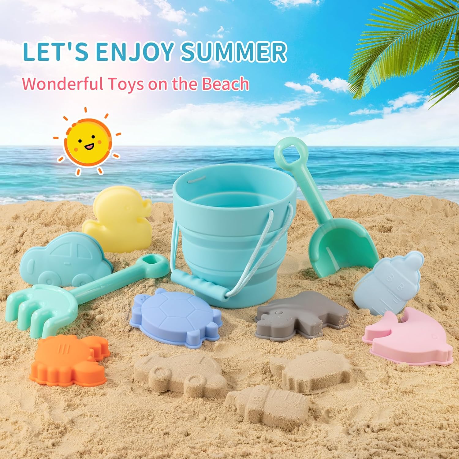 WEYOVGO Juguetes de playa de silicona plegables para la playa, juguetes de playa para niños, cubo de arena y palas con bolsa de malla, moldes de