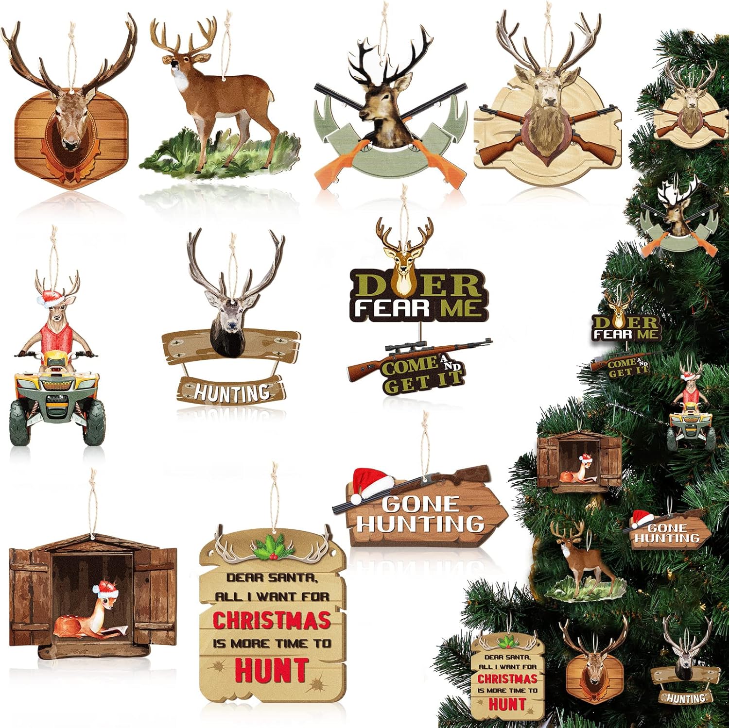 30 piezas de adornos de árbol de Navidad de madera para caza de ciervos, adornos colgantes decorativos de ciervos con pistola, adorno de Navidad,