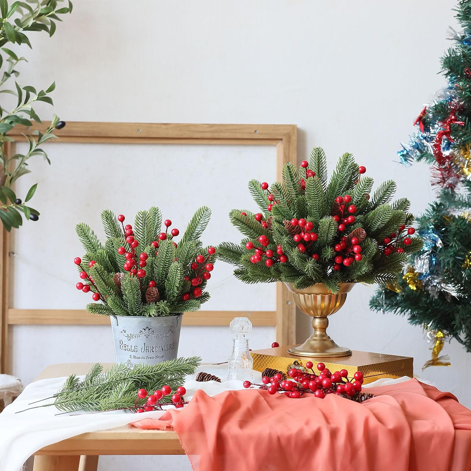 35 piezas de ramas de pino artificiales, plantas verdes, agujas de pino falsas, accesorios de bricolaje, decoración de vegetación para guirnalda,