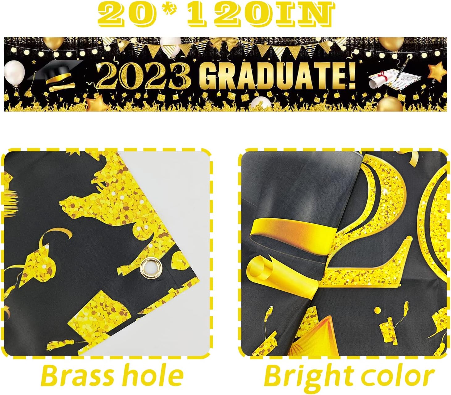 Cartel de graduación 2023, pancarta grande de felicitaciones graduadas negro dorado 2023, cartel de telón de fondo de graduación 2023 para