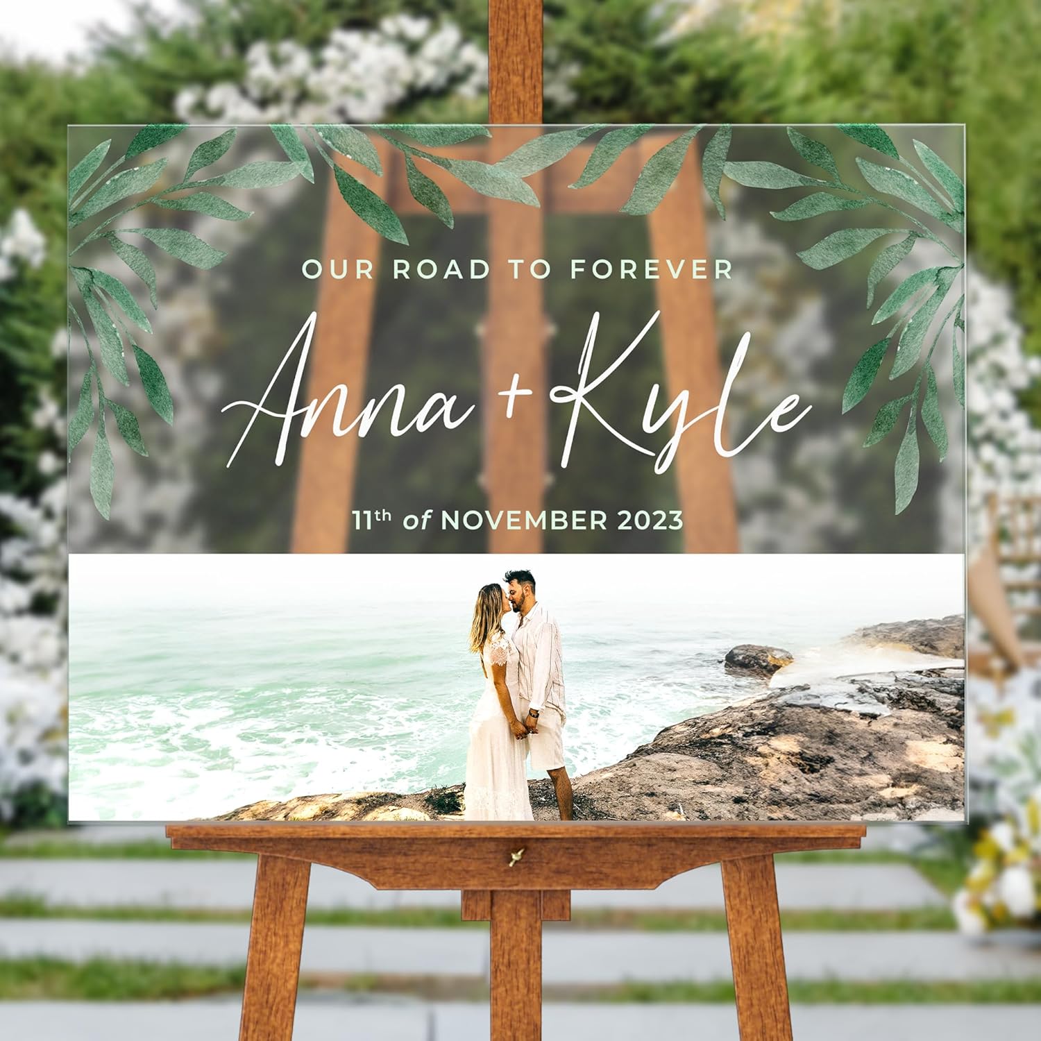 Letrero de bienvenida de boda personalizado de 24 x 18 pulgadas con foto y texto, letrero de recepción personalizado en acrílico, tablero de espuma
