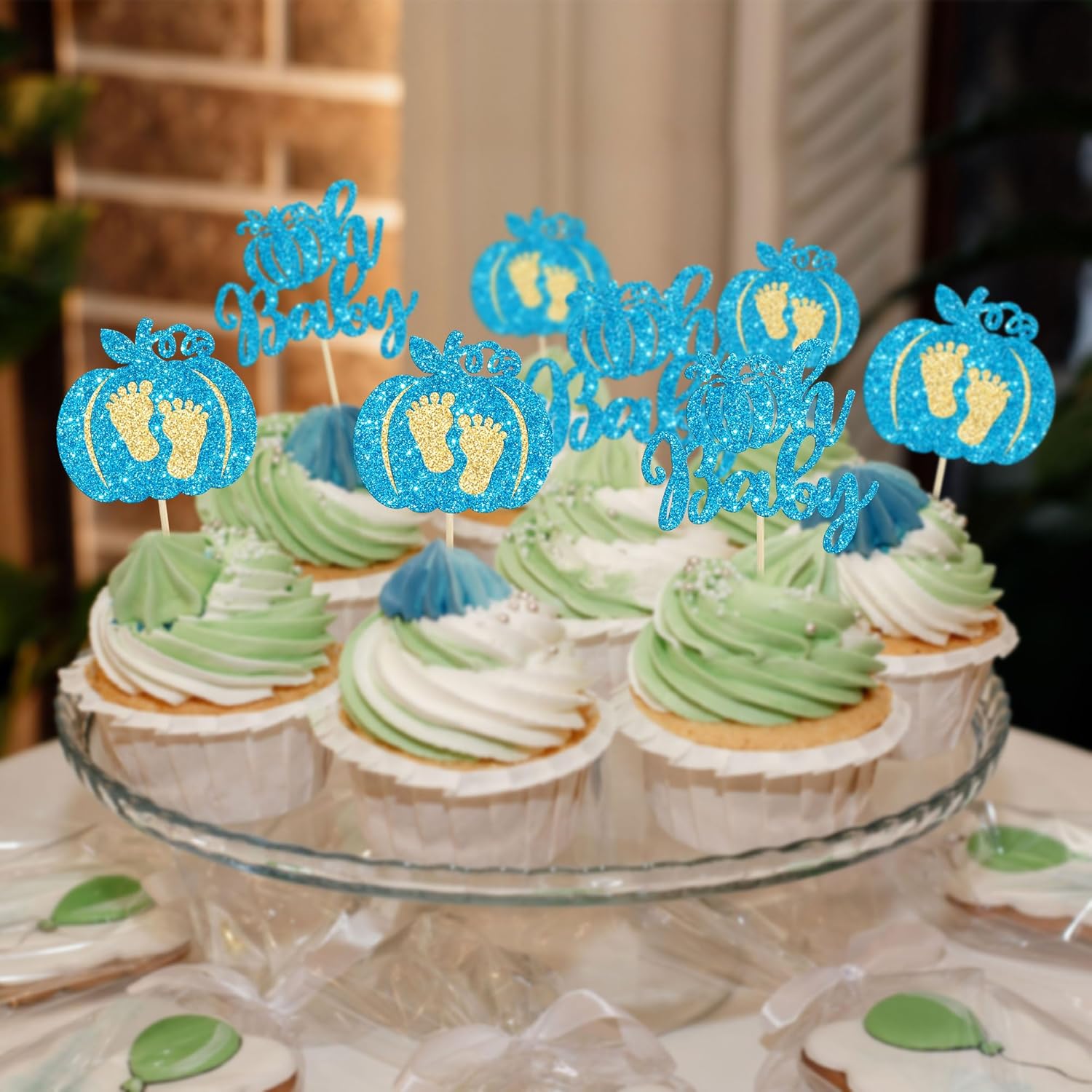 Gyufise 24 piezas de calabaza Oh Baby Cupcake Toppers Glitter Boy Baby Shower Calabaza Cupcake Picks Baby Feet Decoraciones para pasteles temáticos