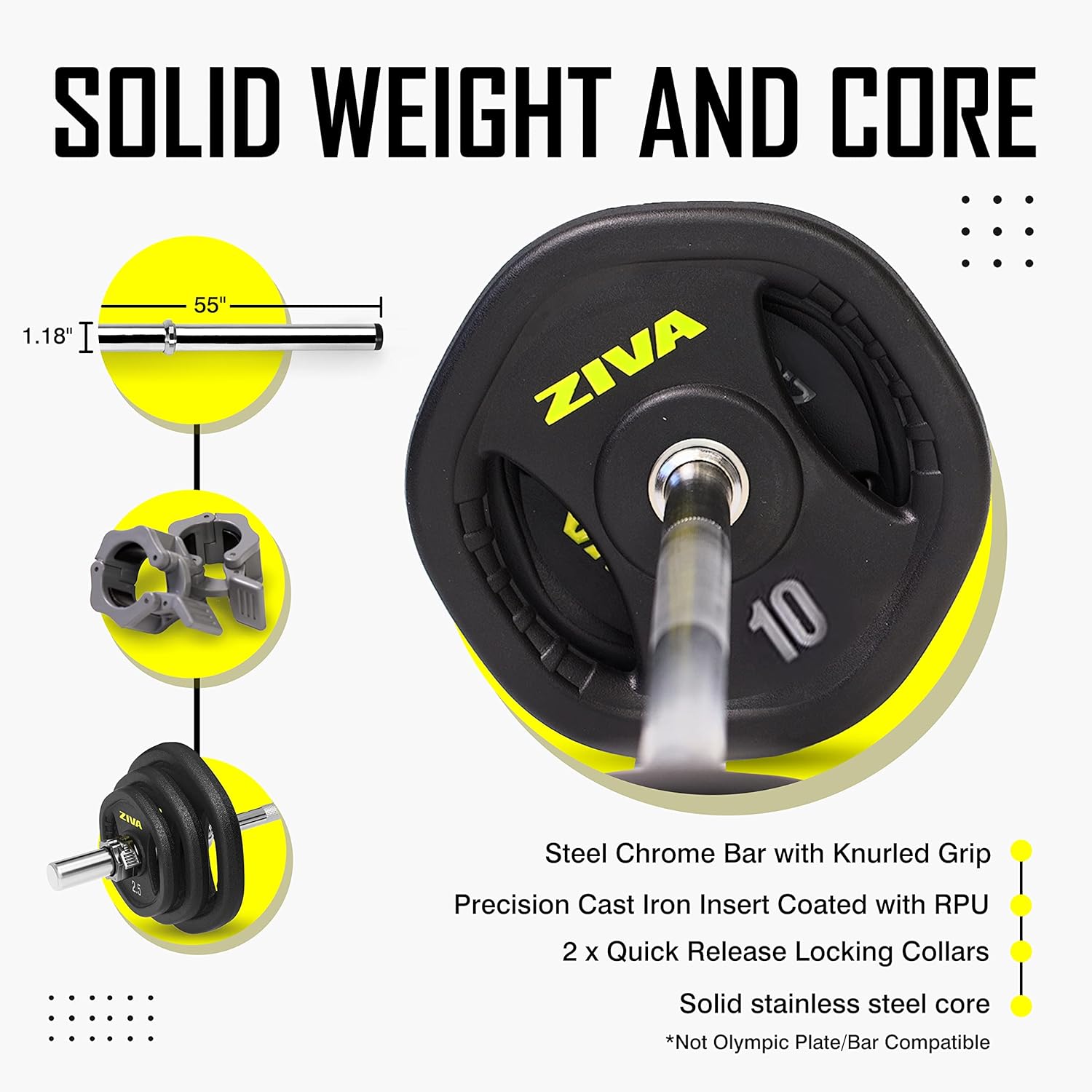 ZIVA RPU Studio Barbell – Juego de pesas de bomba de cuerpo ajustable, 6 discos de peso recubiertos de RPU de alto grado (2 x 2.5 libras, 2 x 5