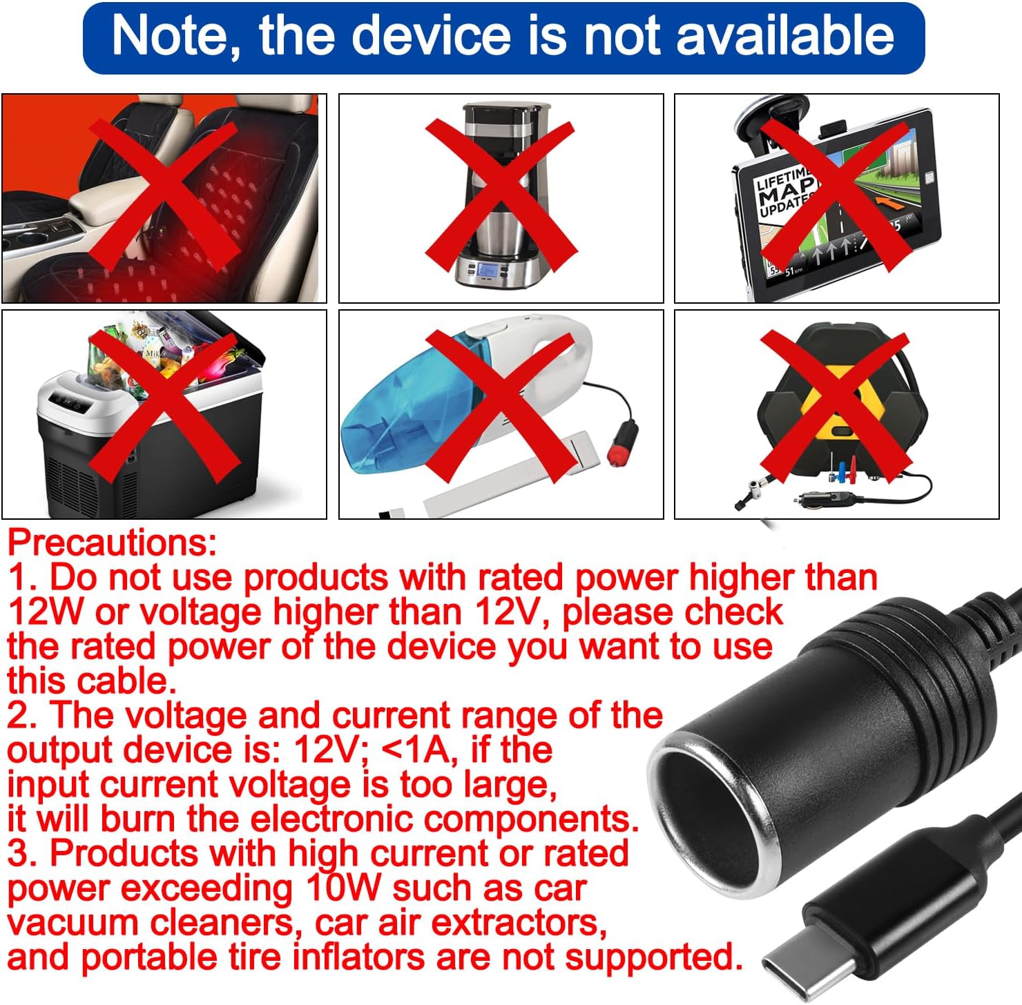 Cable de alimentación USB C a encendedor de cigarrillos, cable de alimentación USB C macho a 12 V, cable convertidor hembra para grabadora de