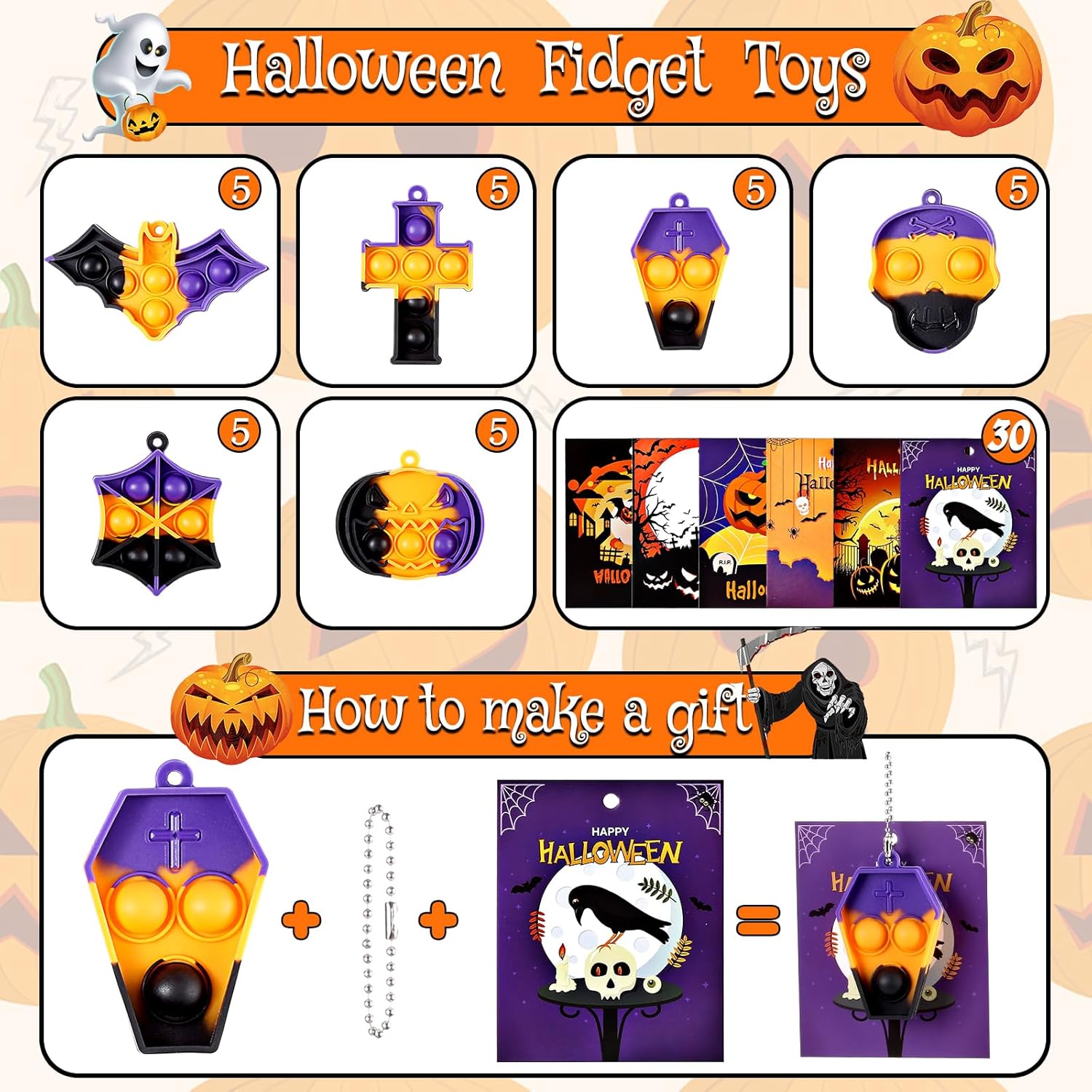 30 piezas de mini llavero de Halloween Pop Fidget juguetes a granel, juguetes de Halloween para bolsas de regalos, regalos de fiesta, premio en el