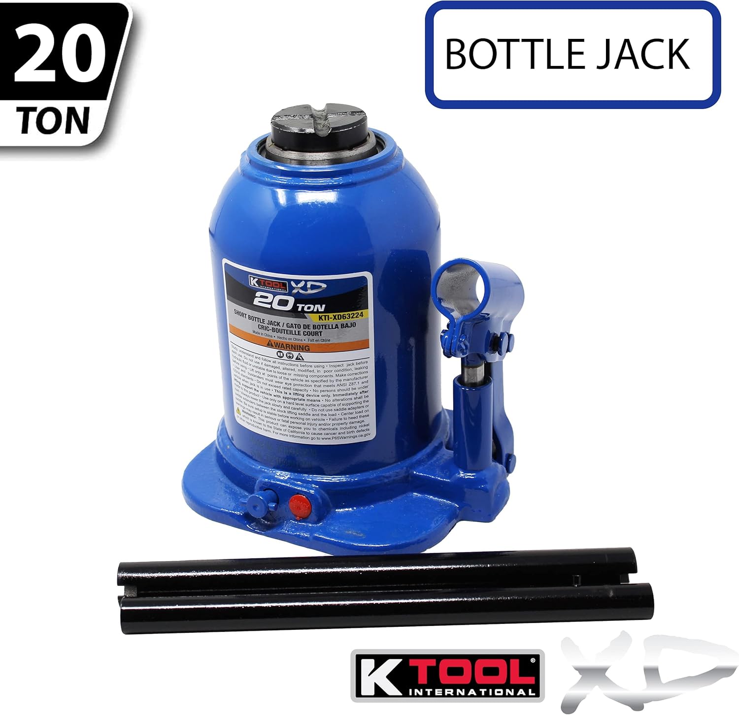 K Tool International XD63224 Gato hidráulico corto de 20 toneladas para garajes, talleres de reparación y bricolaje, capacidad de 44,000 libras,