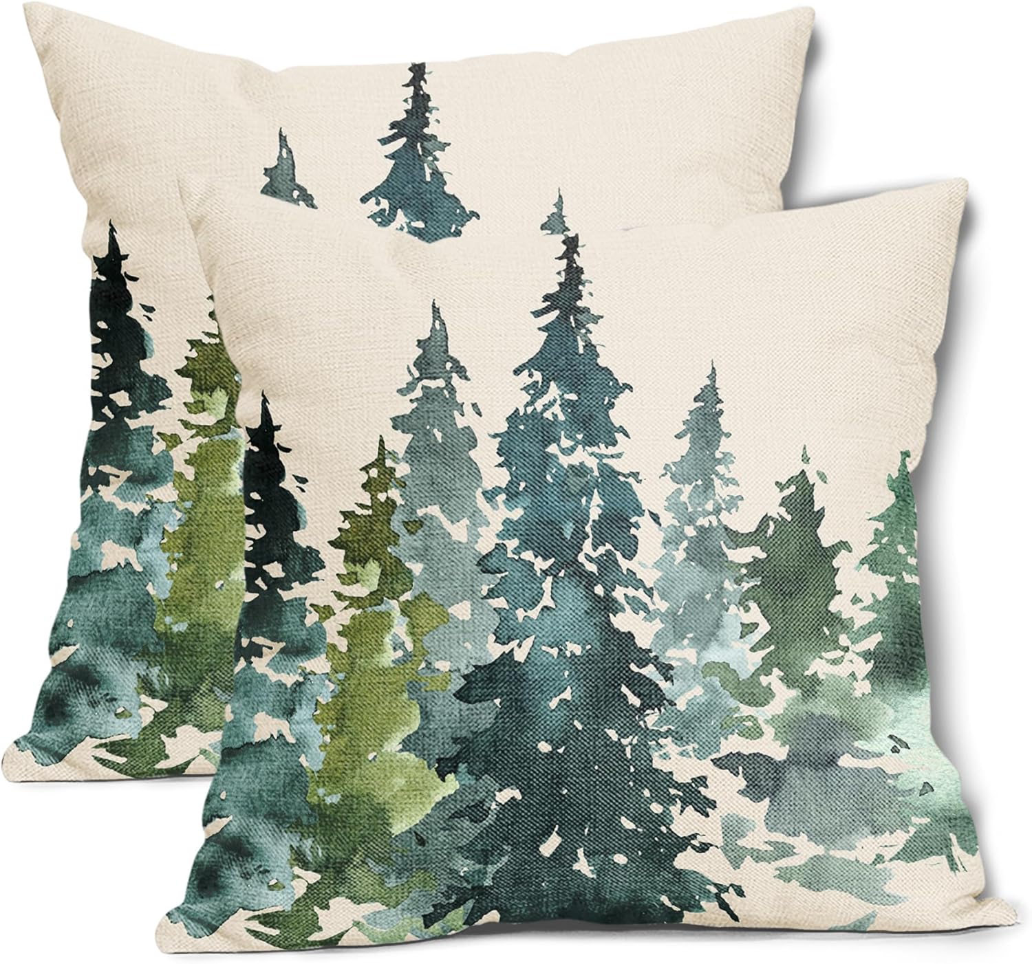 Juego de 2 fundas de almohada decorativas con diseño de árbol azul y verde en acuarela de 18 x 18 pulgadas, con temática de naturaleza, decoración