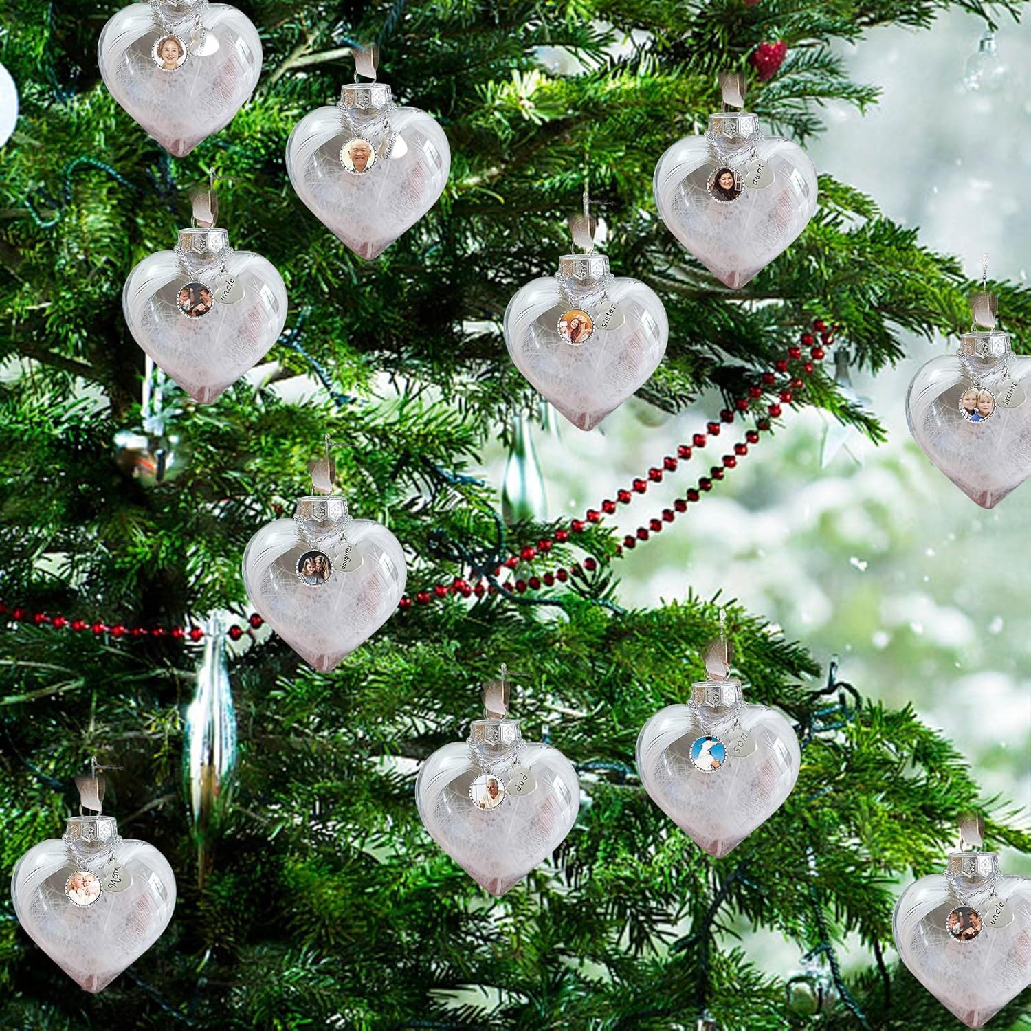 Adornos de bola personalizados, árbol colgante de bola de fotos personalizada, bolas de decoración de Navidad, bola de adornos rellenables de plumas
