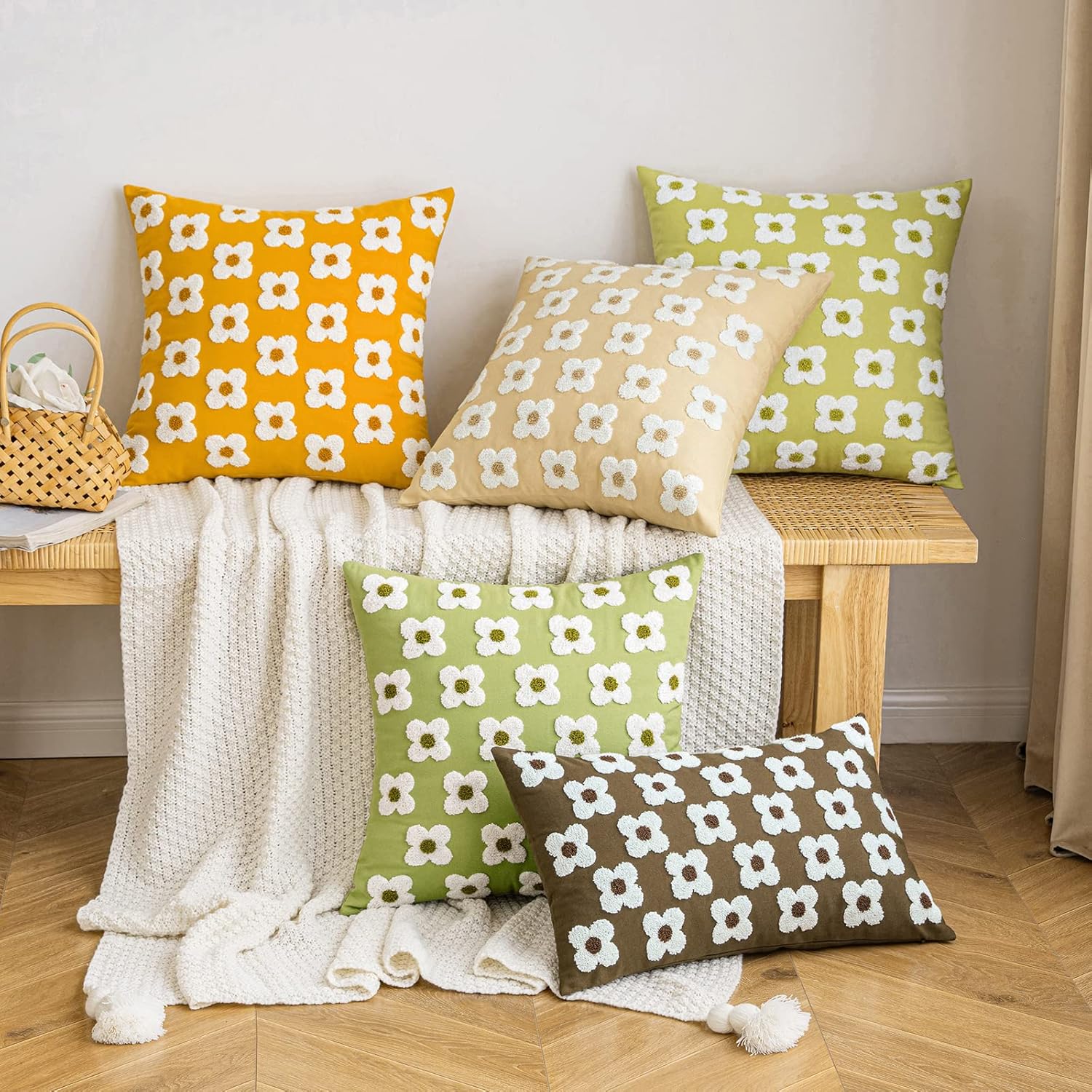 EMEMA Juego de 2 fundas de cojín decorativas de jacquard, diseño de margaritas y sol, flor, jacquard, para sofá, cama, sala de estar y dormitorio,