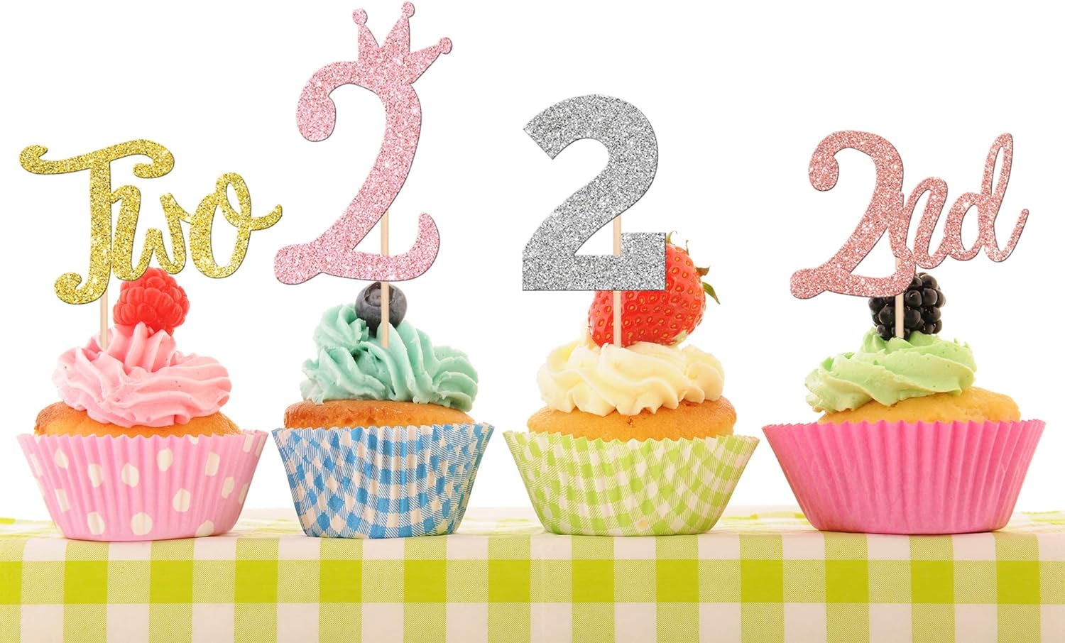 24 piezas de dos adornos para cupcakes con purpurina, dos púas para cupcakes de 2 cumpleaños, número 2, dos palillos para pasteles para baby shower,