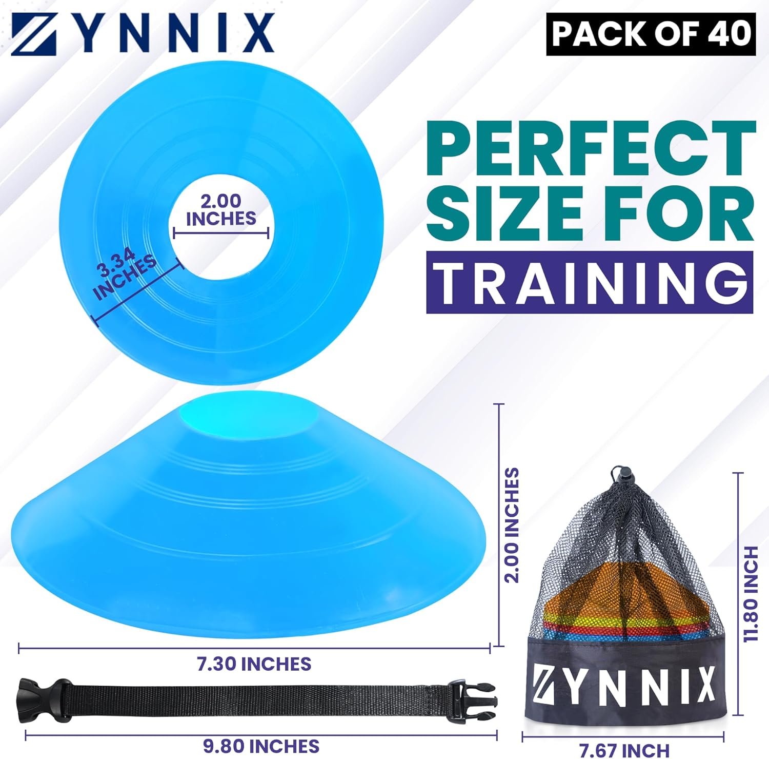 ZYNNIX Conos de fútbol (juego 40, 50) con bolsa de malla y correa, conos deportivos flexibles para fútbol, baloncesto, equipo de entrenamiento de