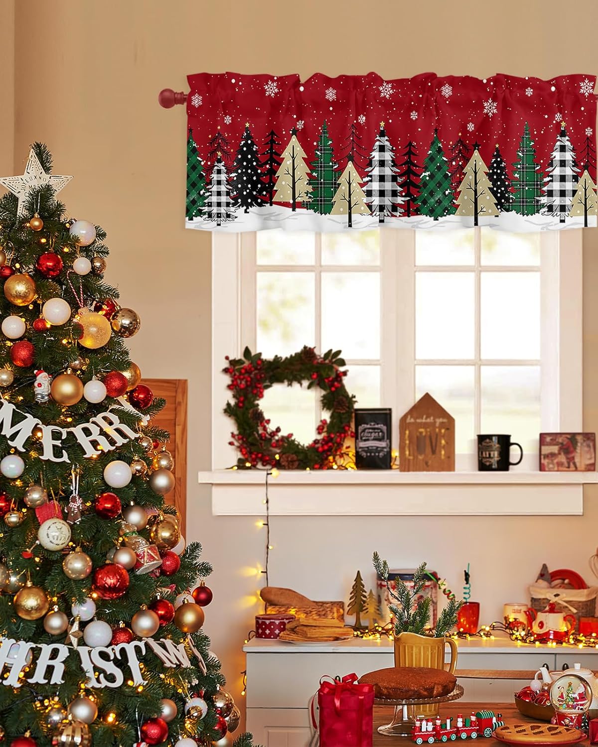 Cortina de cenefa para árbol de Navidad, cortina roja para ventana de cocina, cortina corta con bolsillo para barra, cenefa para sala de estar,