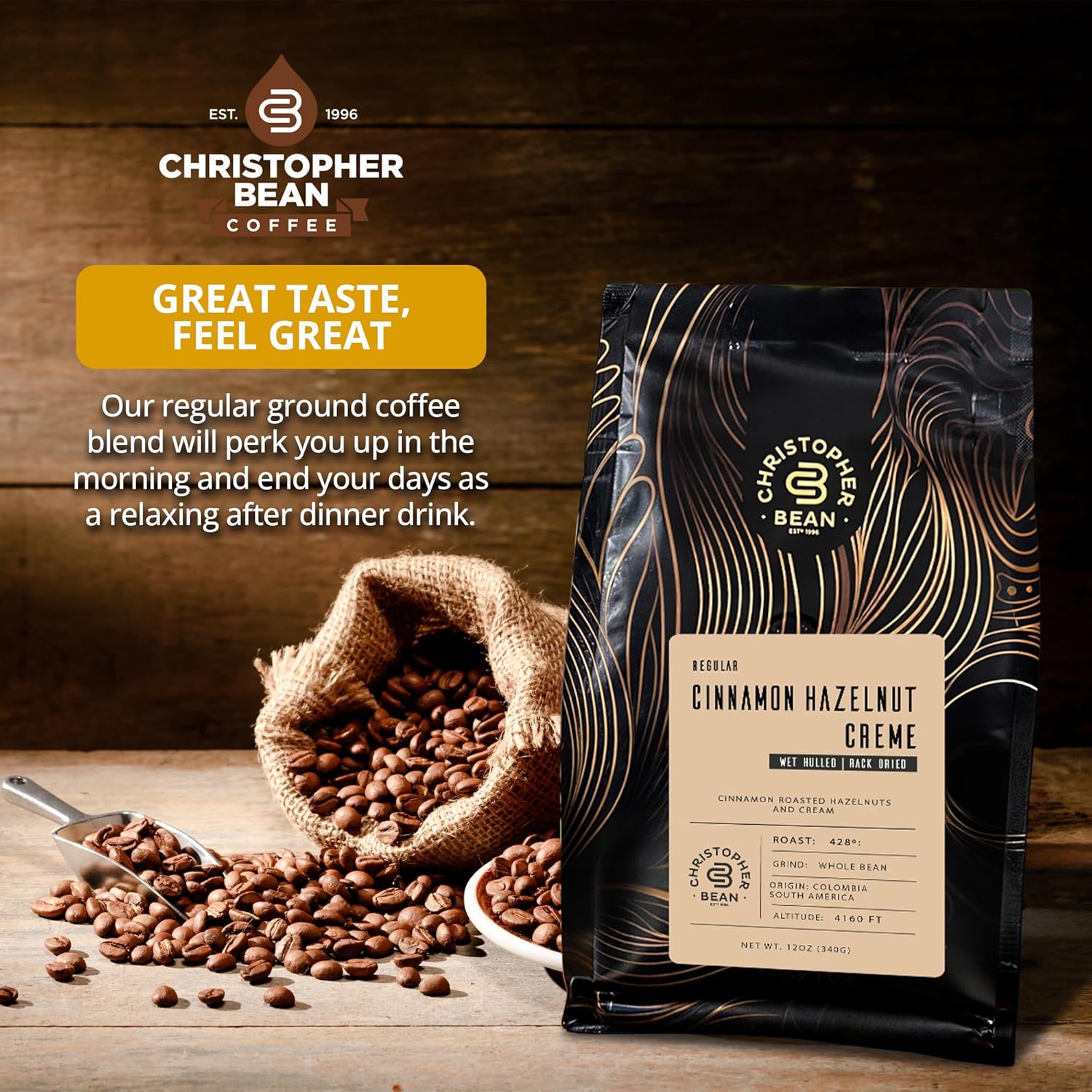 Christopher Bean Coffee – Café con sabor a crema de avellana y canela (grano entero normal) 100% arábica, sin azúcar, sin grasas, hecho con sabores