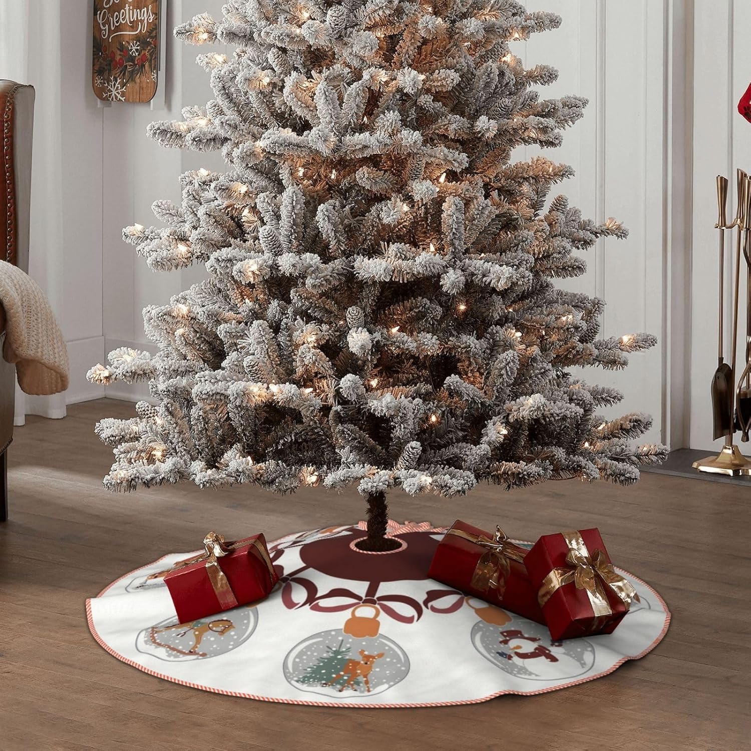 Yssammns Falda de árbol de Navidad, globos de nieve con muñeco de nieve, elfo, campanas, decoración de Navidad de ciervo, para fiestas de