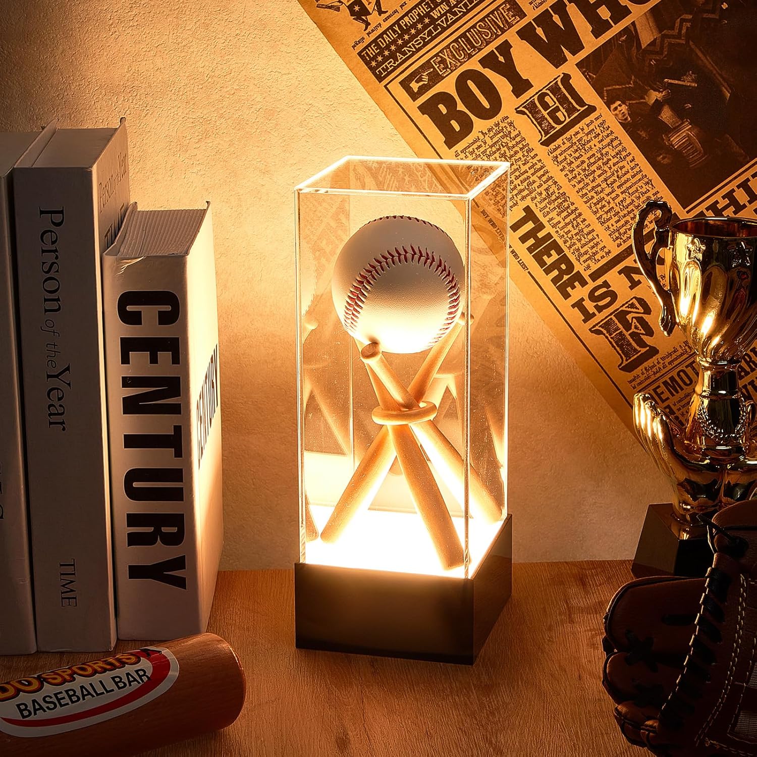 Menkxi Vitrina de béisbol con base de luz LED, soporte de béisbol con palos de madera, soporte de exhibición de acrílico transparente con protección