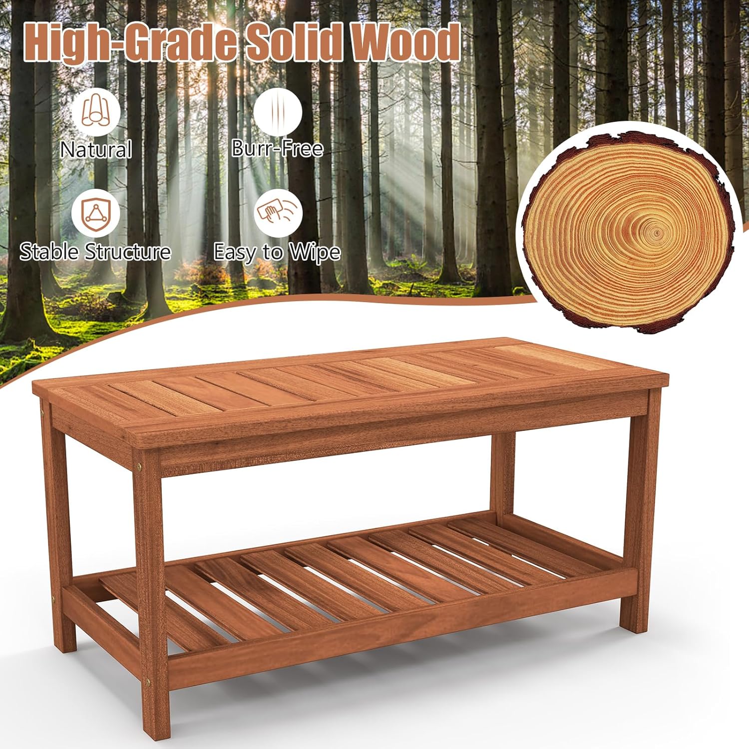 Tangkula Mesa de centro de madera dura para patio al aire libre, mesa de centro de 2 niveles con mesa de listones, estante de almacenamiento,