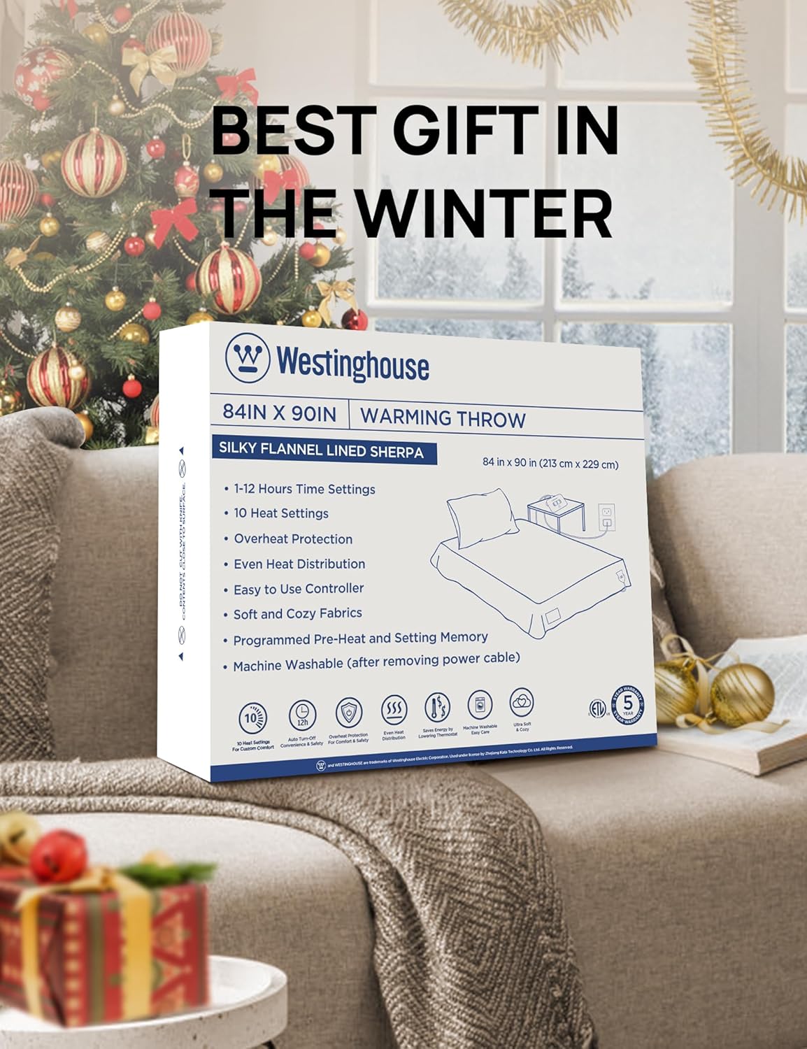 Westinghouse Manta eléctrica tamaño Queen, manta térmica de piel sintética con doble control, 10 niveles de calefacción y ajustes de 1 a 12 horas,