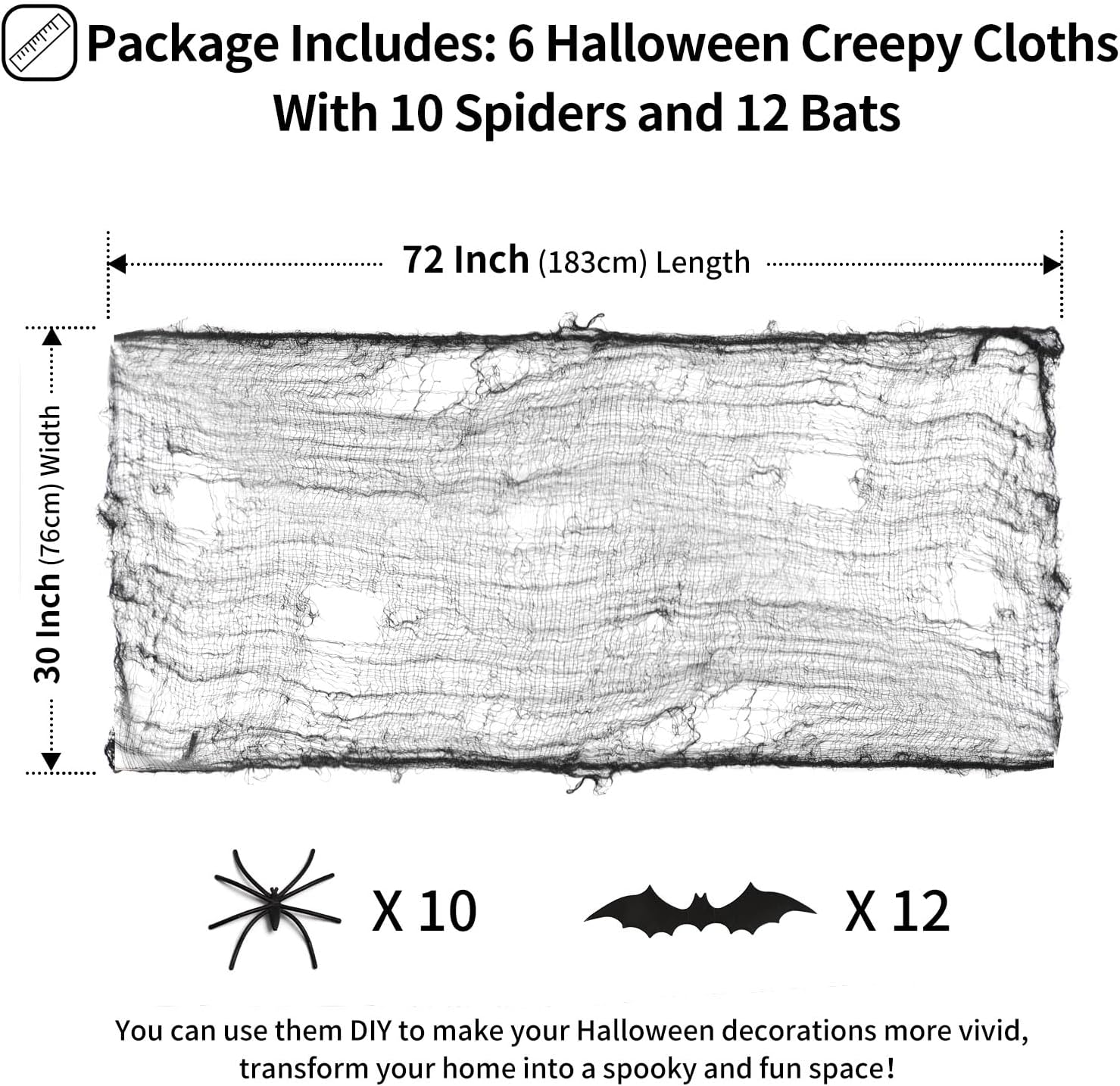 FestiCorp Juego de tela espeluznante negra 3 en 1 de Halloween, 6 piezas de 30 x 72 pulgadas, paños de queso con arañas y murciélagos, red de