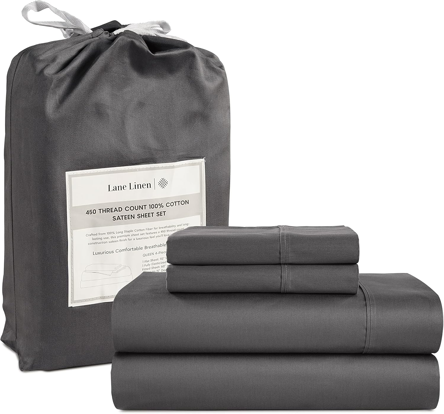 LANE LINEN – Sábanas tamaño California King, 450 hilos, 100% algodón, refrescantes, transpirables, con bolsillo profundo, 4 piezas, color carbón