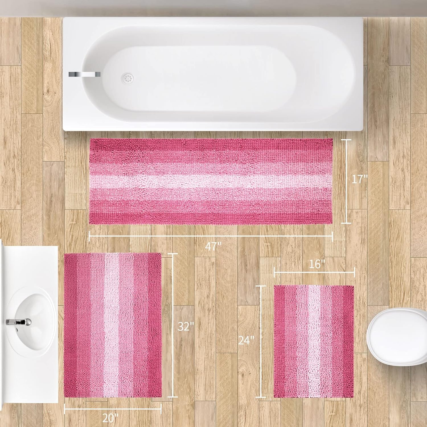 Gibelle Tapetes de baño rosados, tapetes de baño de felpilla de lujo, tapetes pequeños antideslizantes para ducha y baño, lavables a máquina, de