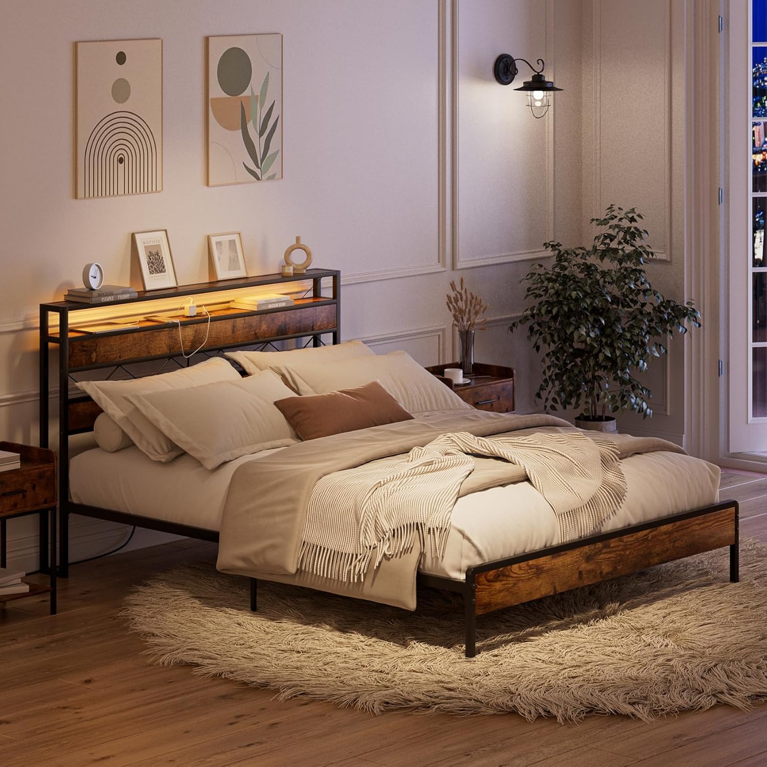 Aobafuir Base de cama Queen con cabecera de almacenamiento, marco de cama tamaño Queen con estación de carga, cama de plataforma con luces LED,
