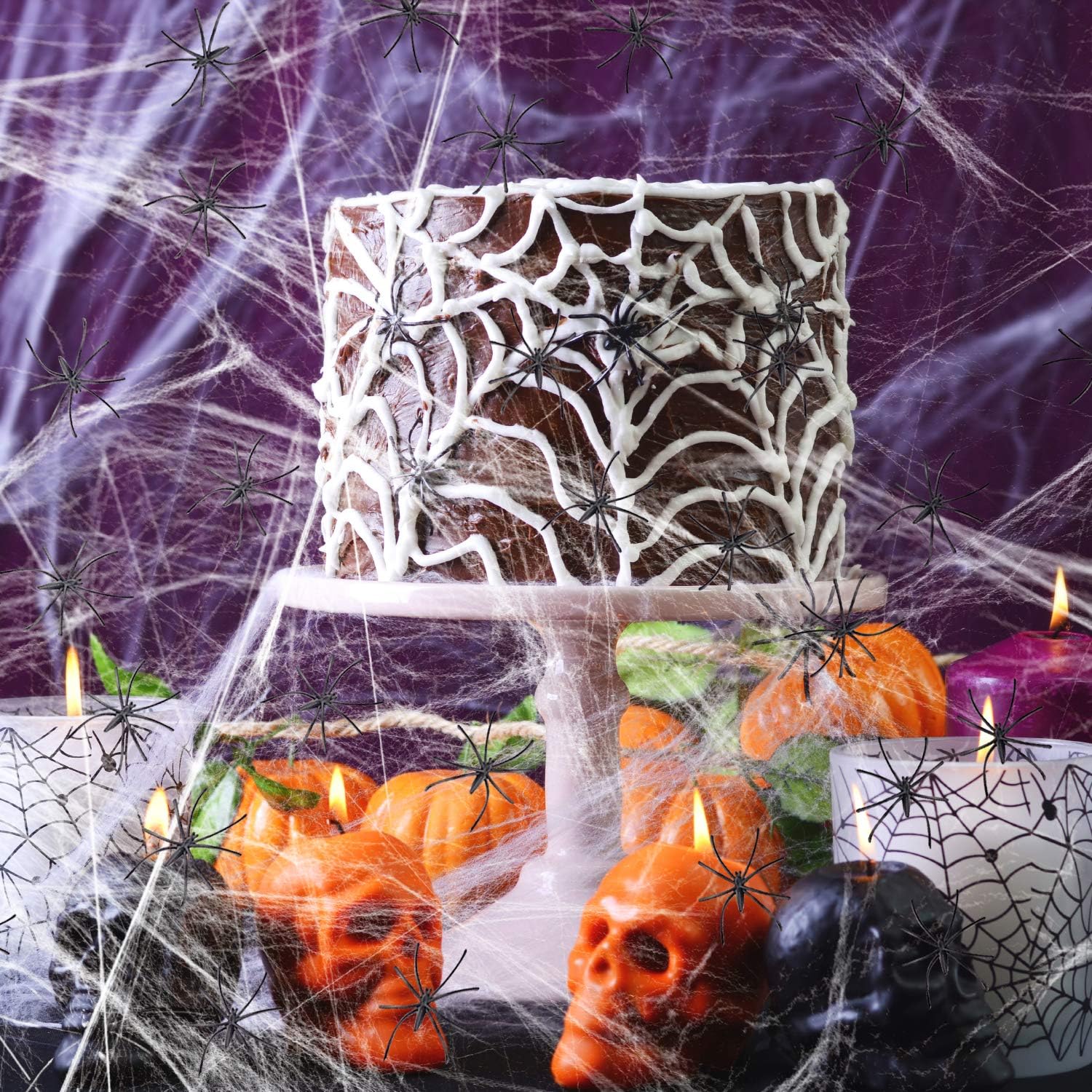 Decoraciones de telaraña de Halloween de 1000 pies cuadrados con 100 arañas falsas, telarañas súper elásticas, decoración de telarañas embrujadas,