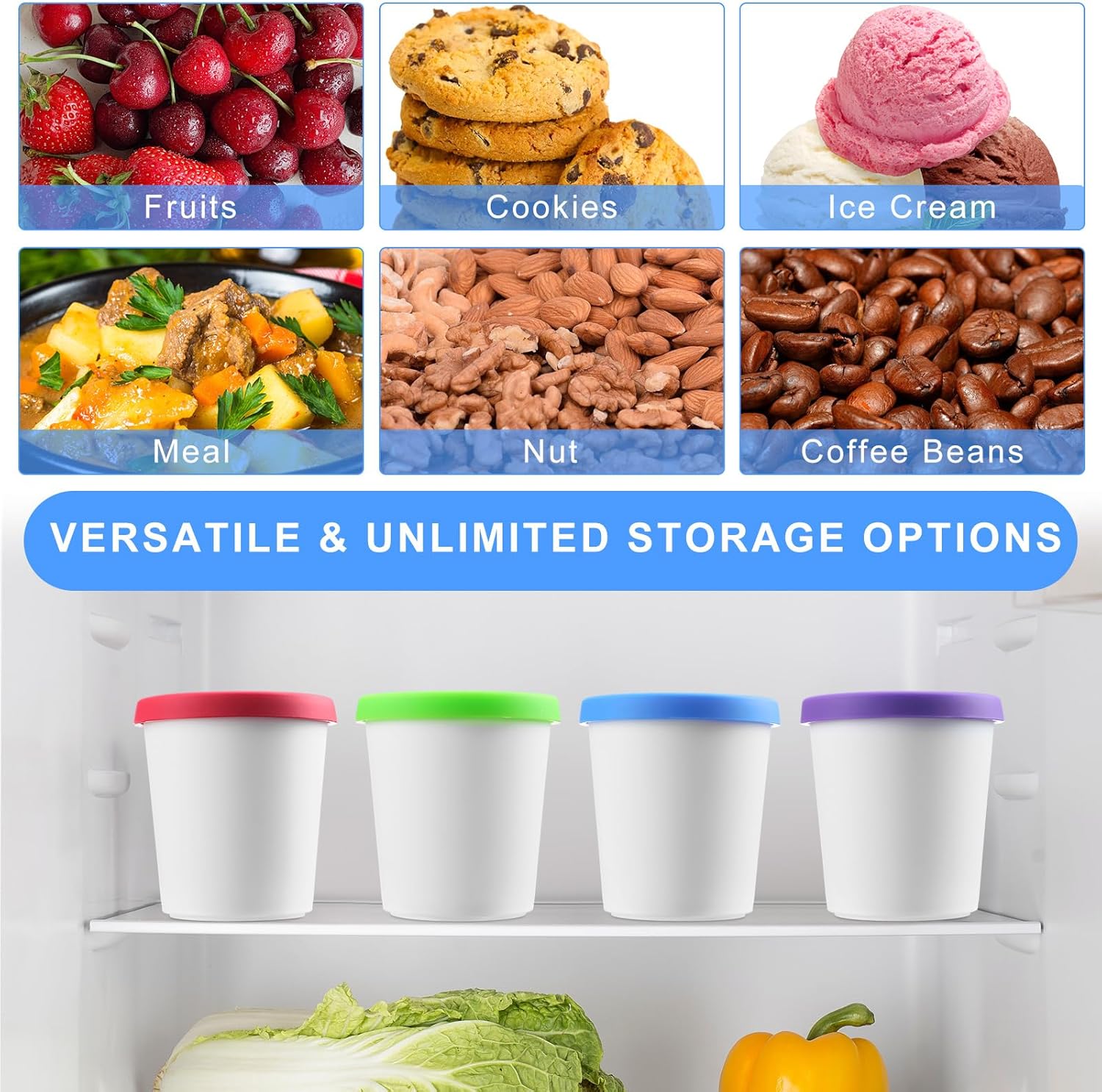 4 recipientes de helado de 1 cuarto de galón para helados caseros, contenedores reutilizables de almacenamiento de helado con tapas de silicona para