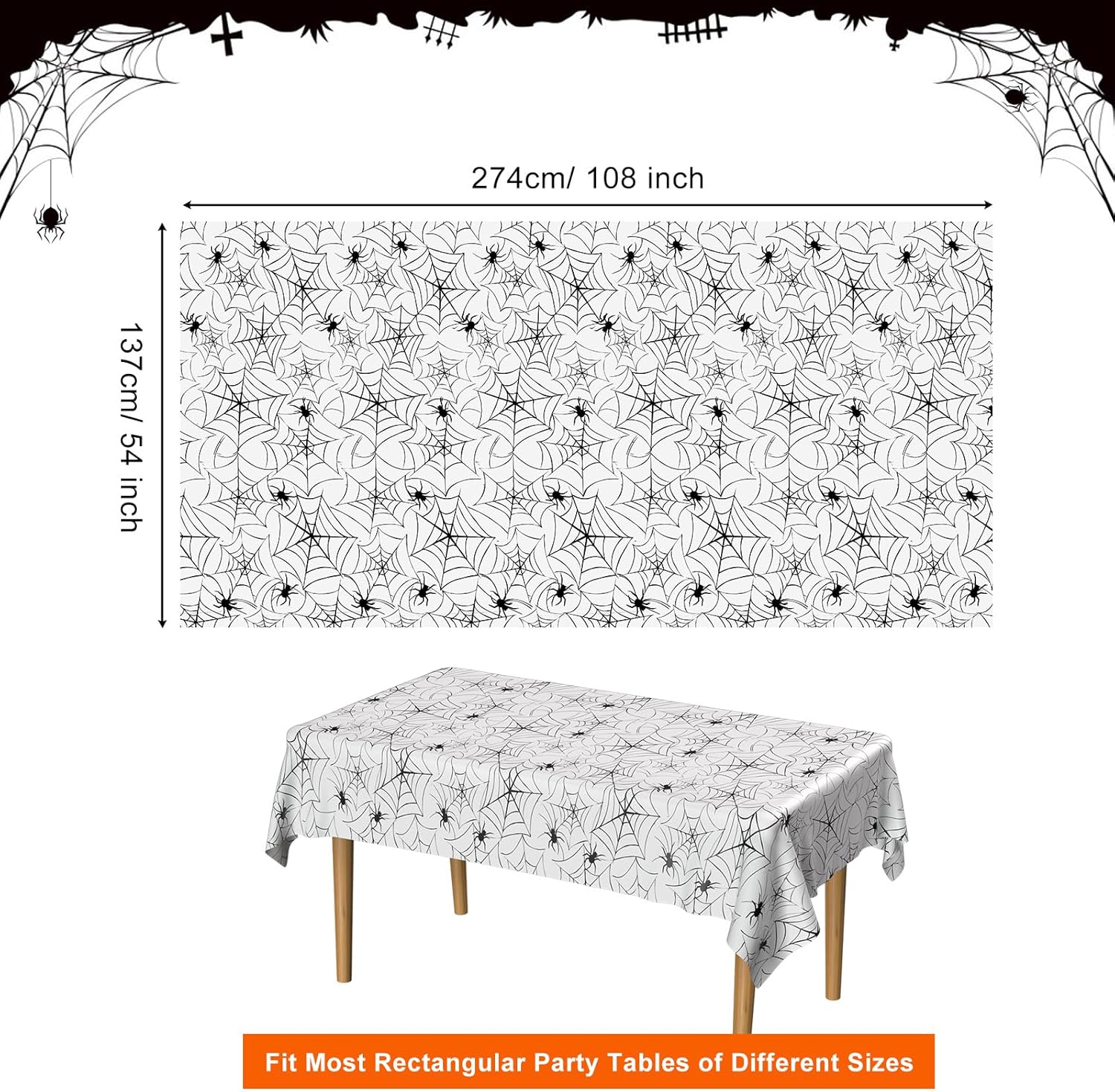 PLULON Paquete de 2 manteles de Halloween de 54 x 108 pulgadas, mantel de plástico de tela de araña para decoración de mesa de cena de vacaciones,