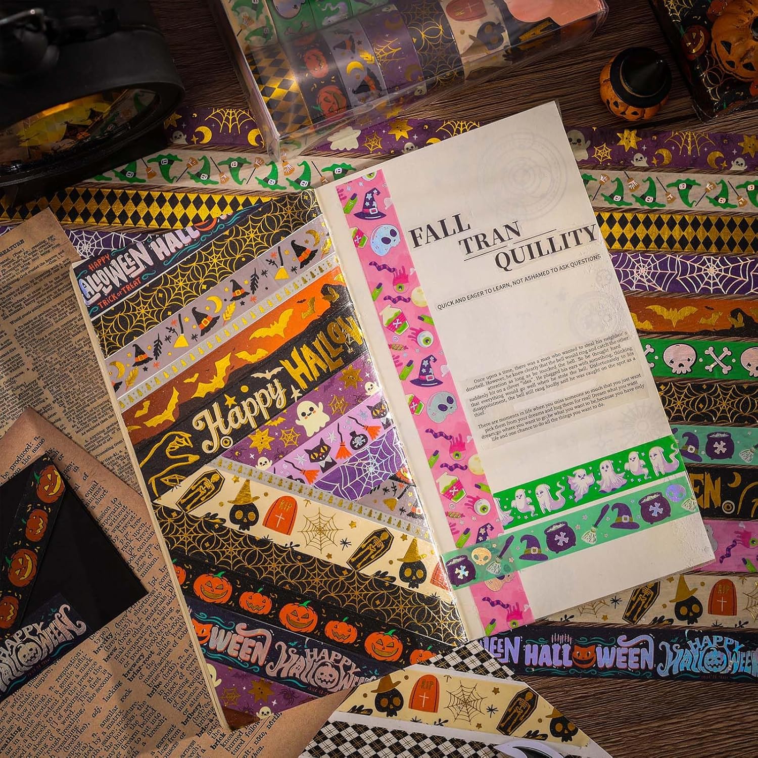 AEBORN Juego de cintas Washi de Halloween, 16 rollos de cintas decorativas de lámina dorada con gato, calabaza, fantasma, bruja, perfecto para