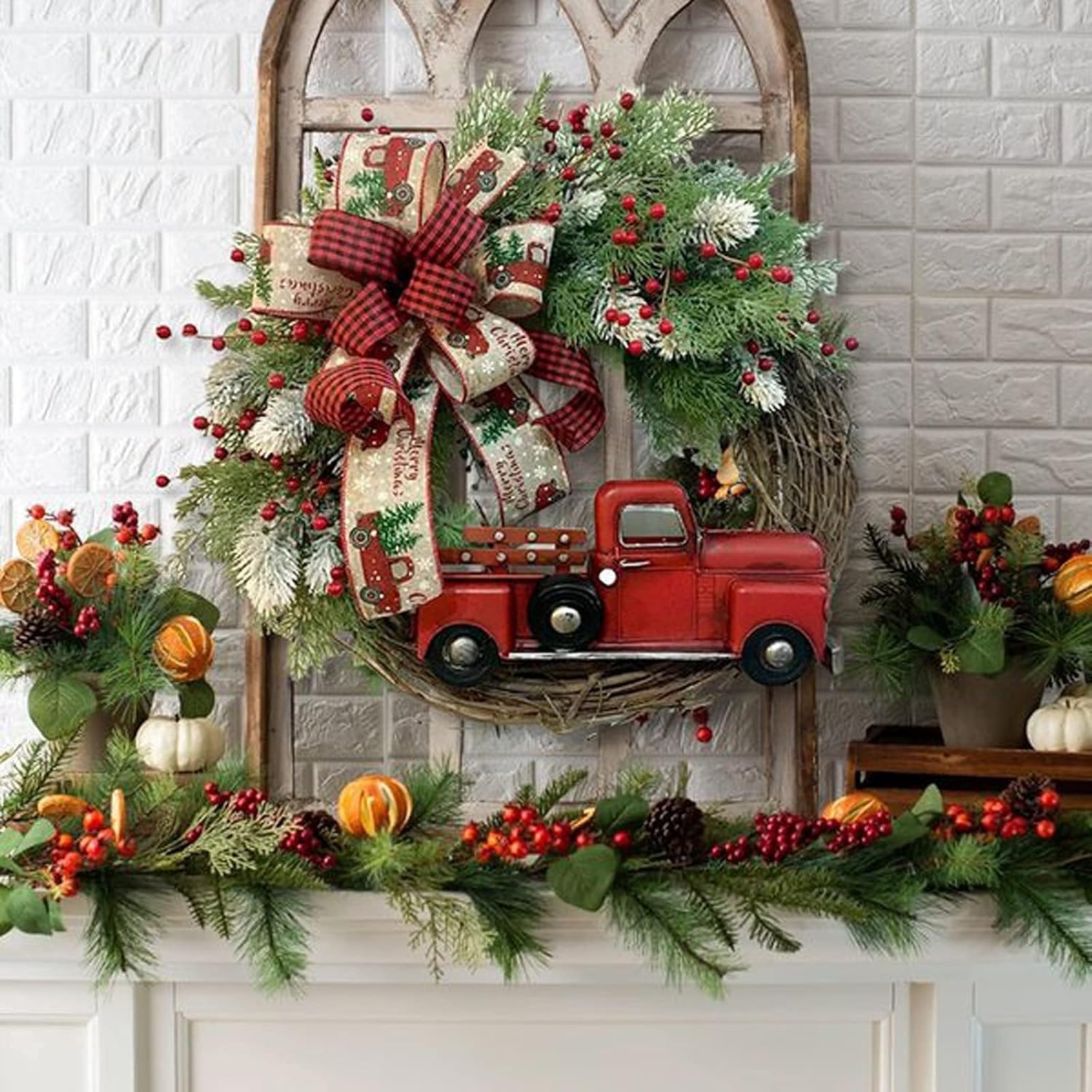 Corona de Navidad para puerta delantera, corona artificial de 17.7 pulgadas, corona de otoño para puerta delantera, coronas de granja de bienvenida