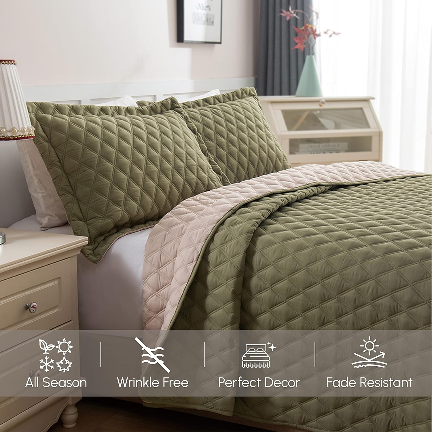 Elegant Comfort Juego de colcha reversible acolchada de 3 piezas con fundas de almohada, exquisitas costuras de diamante para todas las estaciones,