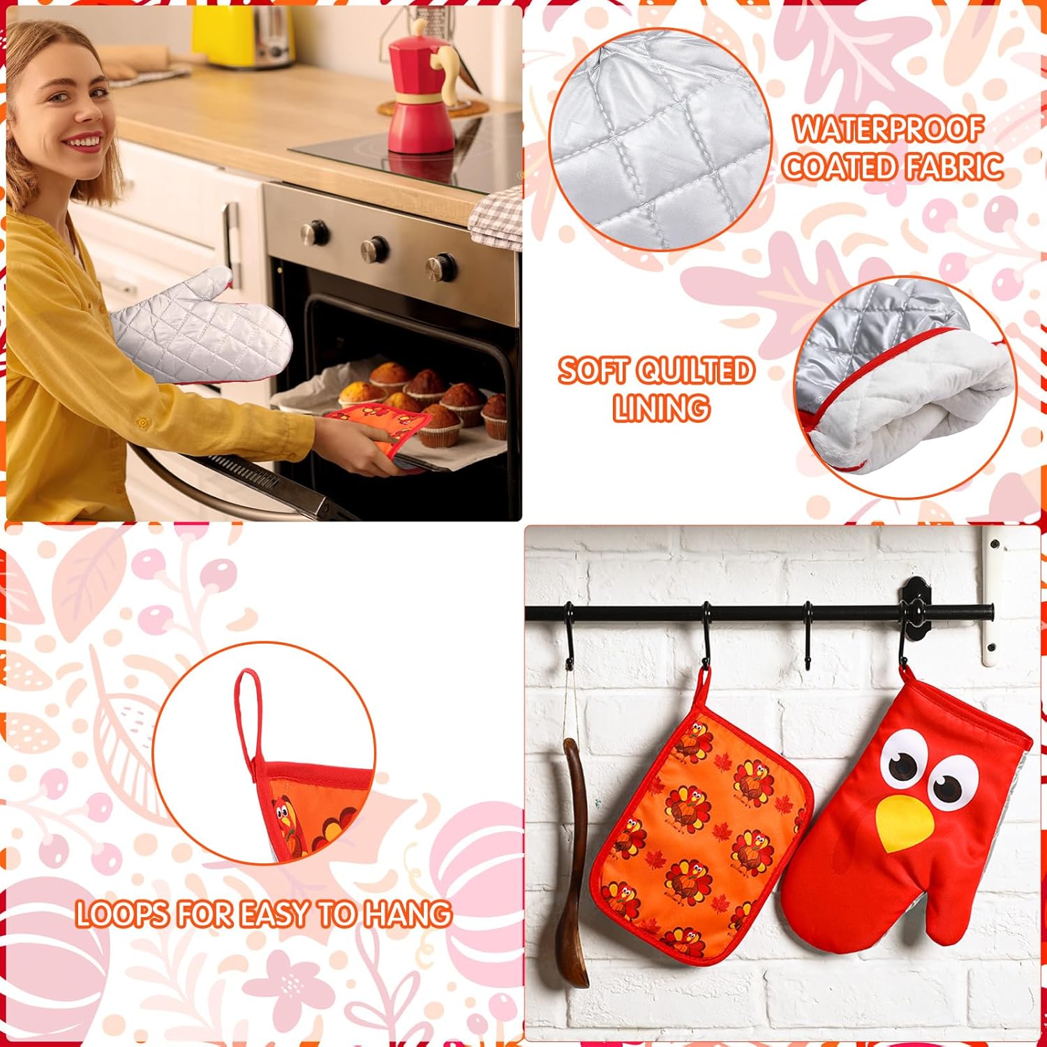 Juego de 3 manoplas de cocina de Acción de Gracias, juego de guantes de cocina de Acción de Gracias, regalo de cocina para mujeres y hombres, Como