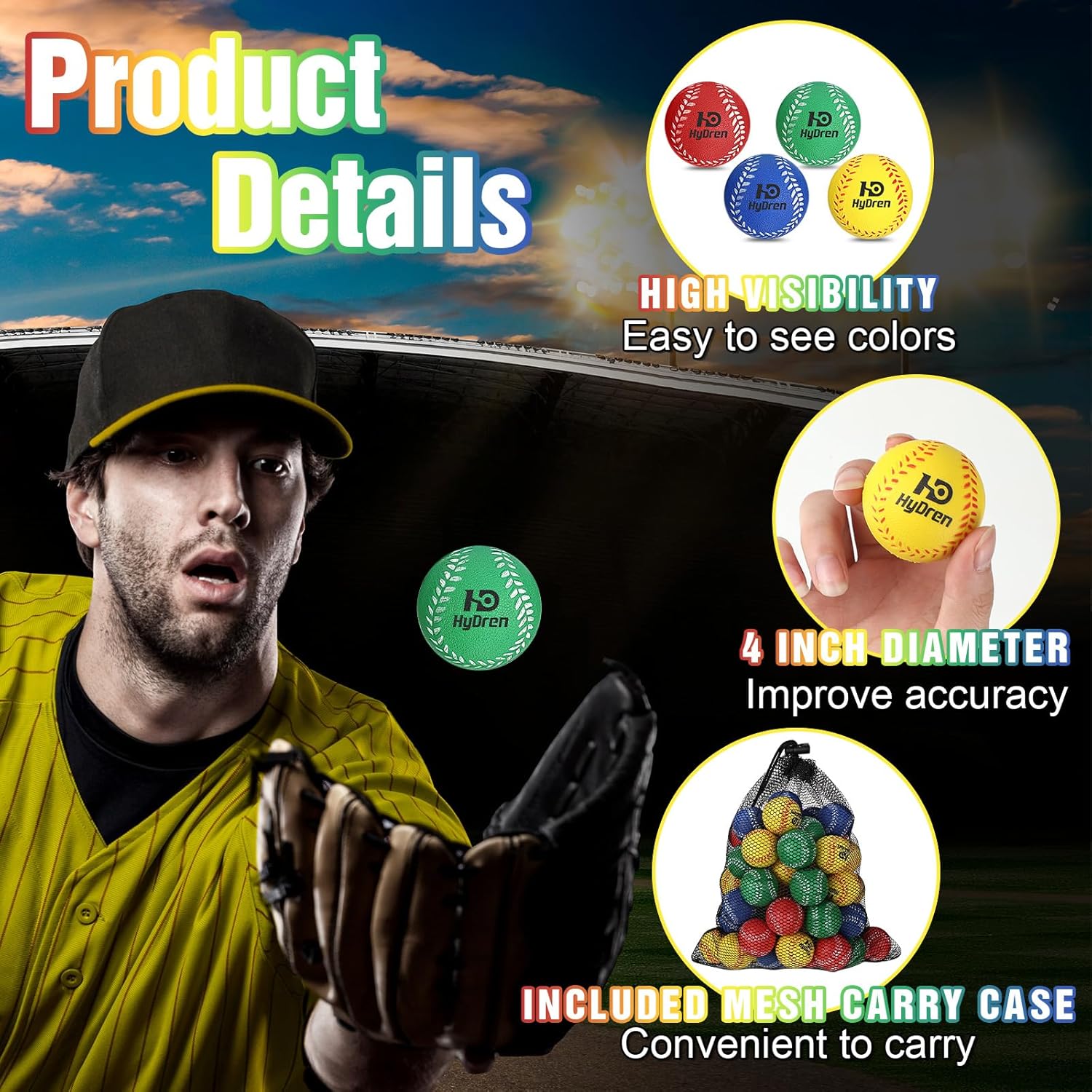 Liliful 100 pelotas de béisbol de espuma suaves con bolsa de cordón, 1.6 pulgadas, mini pelotas de béisbol de espuma colorida para lanzar máquinas