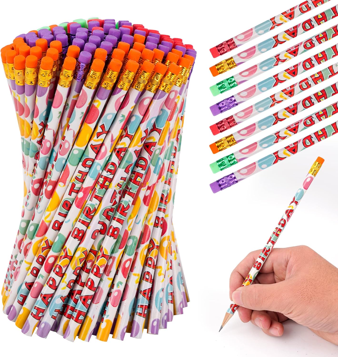 Kolewo4ever 100 lápices de feliz cumpleaños, lápices de cumpleaños estampados coloridos para estudiantes, feliz cumpleaños, maestros, aula con